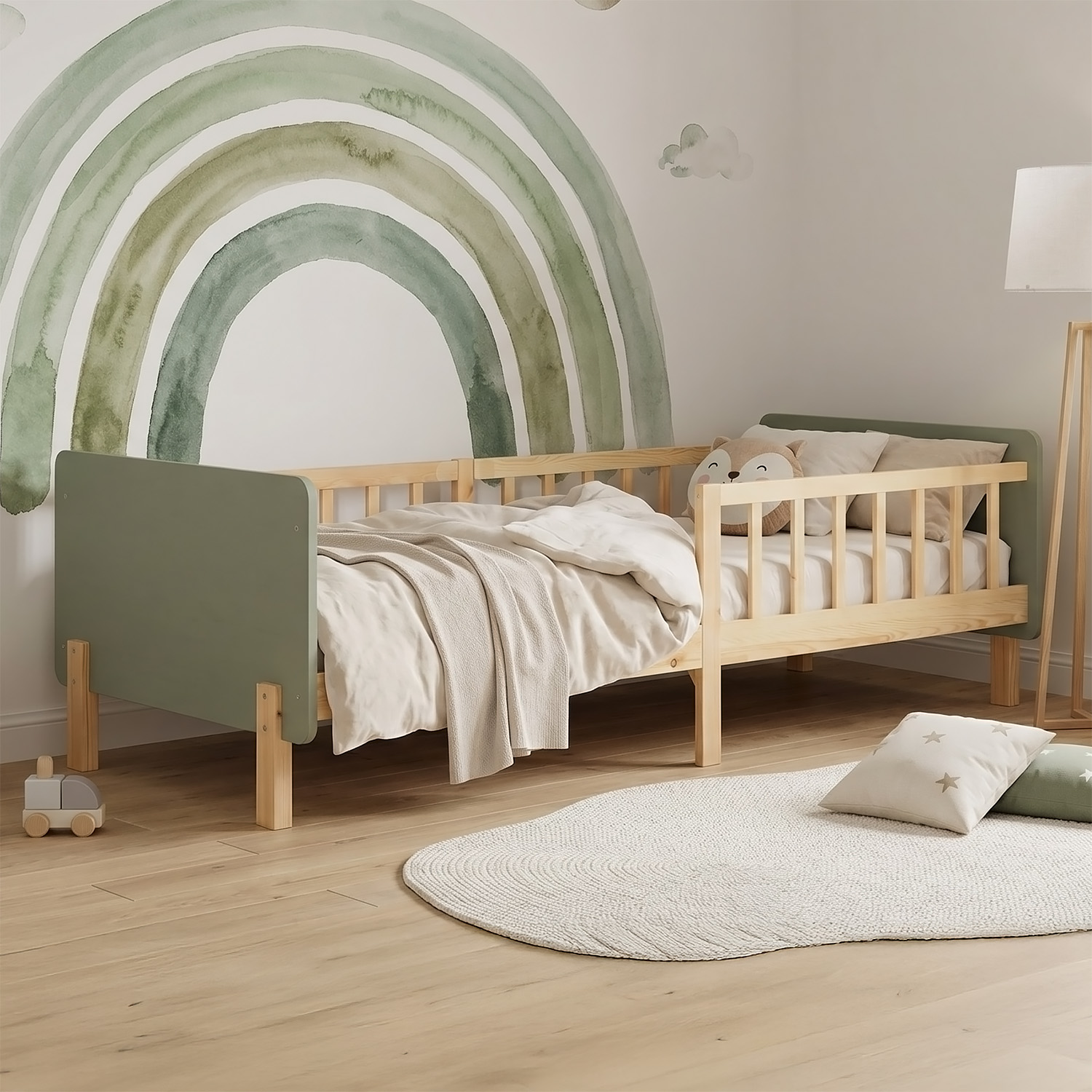 Single bed 90x200 cm Green with Mattress Wooden Bed frame Toddler bed with safety rail Kids bed Childrens bed Slatted frame