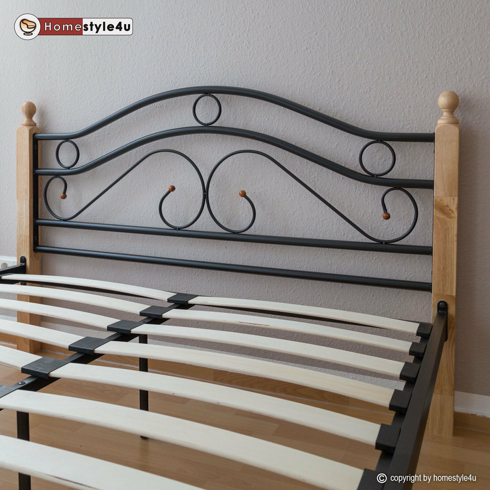 Metal Bed Iron Bed Double 160 x 200 Wood Slatted black natural bed frame 803