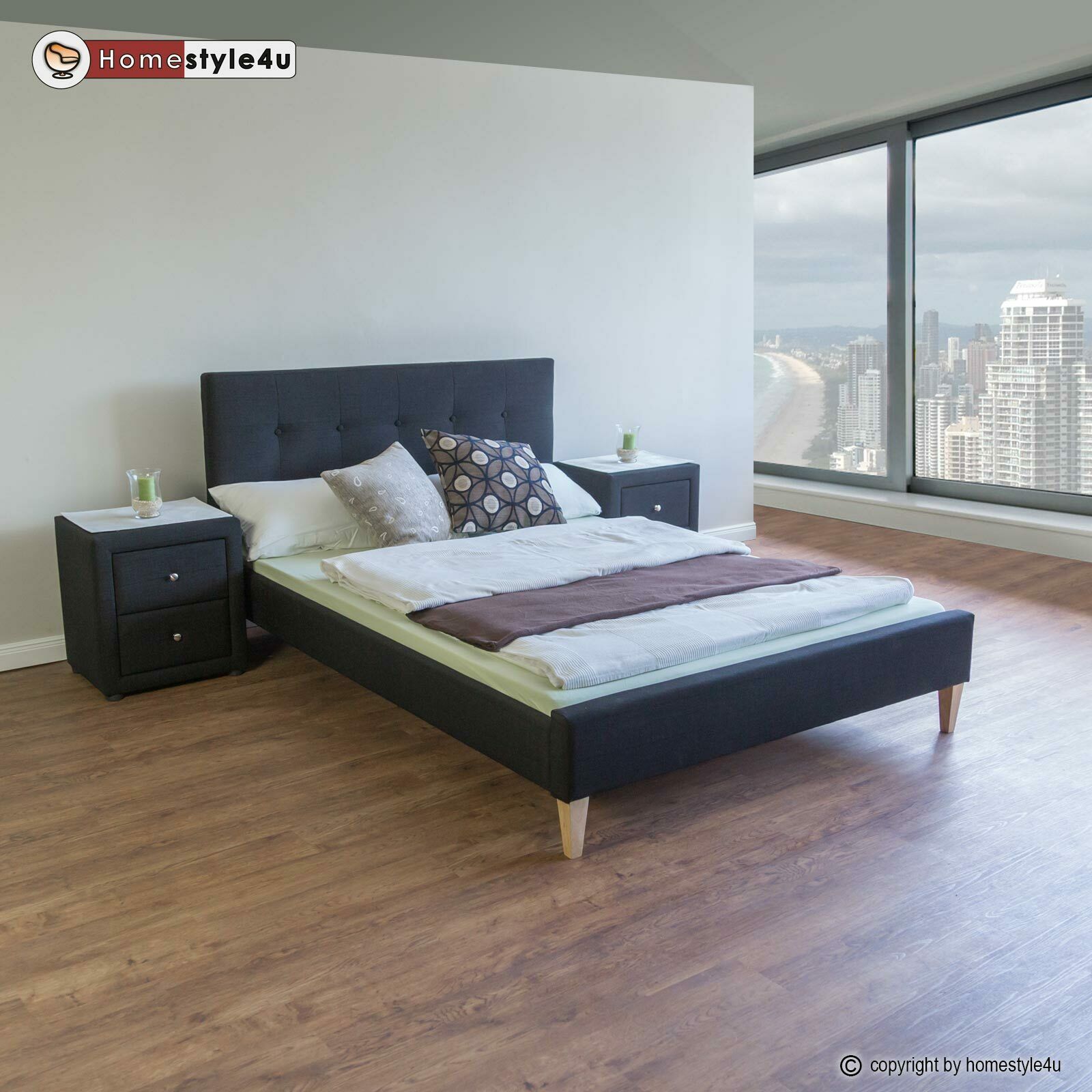 Upholstered bed rack 140 x 200 black Upholstered bed 140x200 cm black | with slatted frame | double fabric bed frame