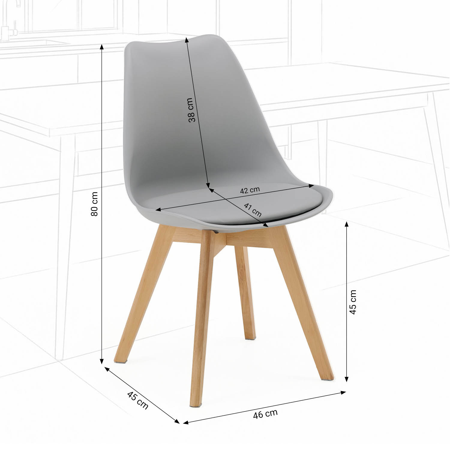 Dining Set (5-Piece): 120x80 cm oak extendable dining table with 4 grey plastic chairs and wooden legs