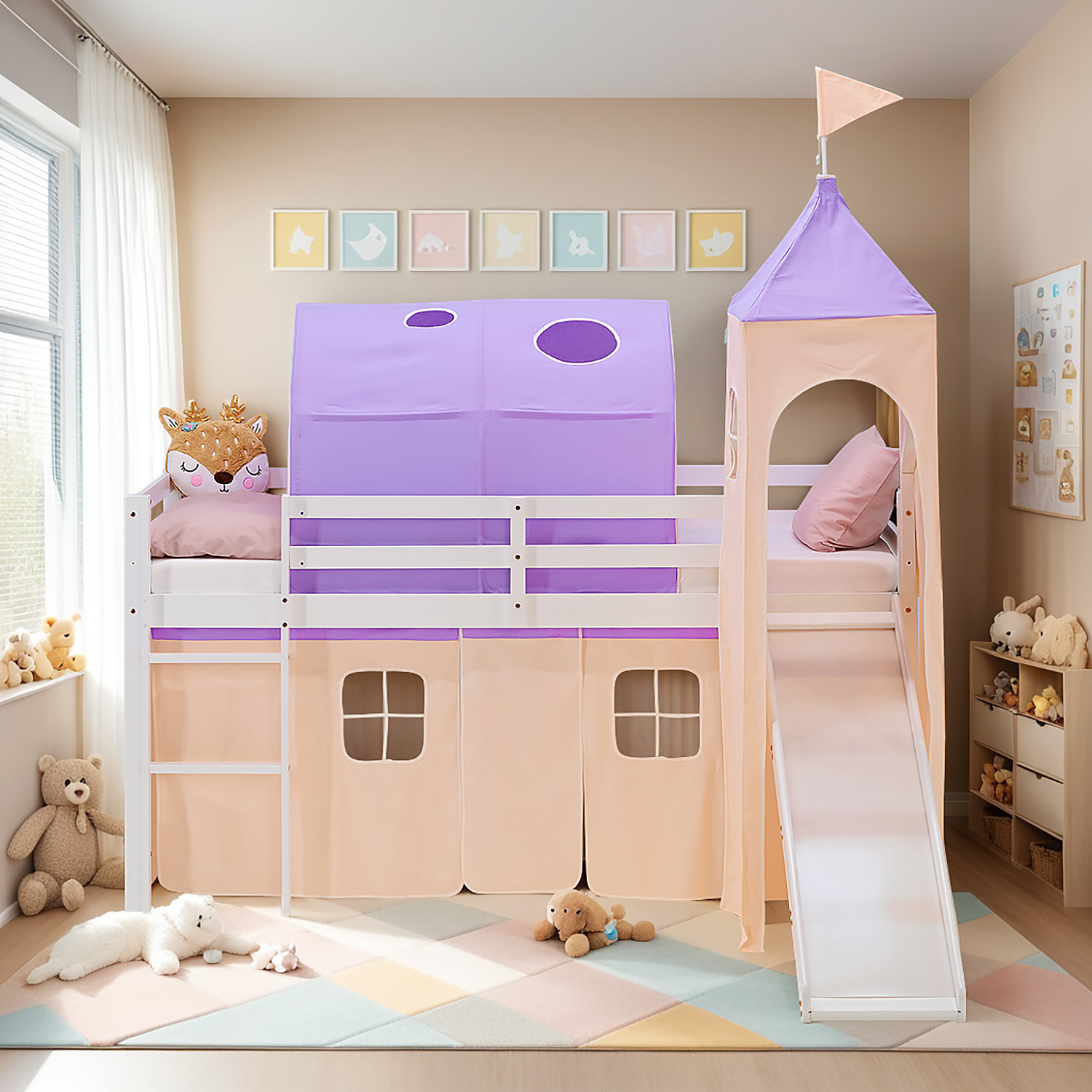 Loft Bed for Kids 90x200 cm White with Curtain in Lilac Beige | Slide | Tower | Tunnel | with Slatted Frame and Mattress