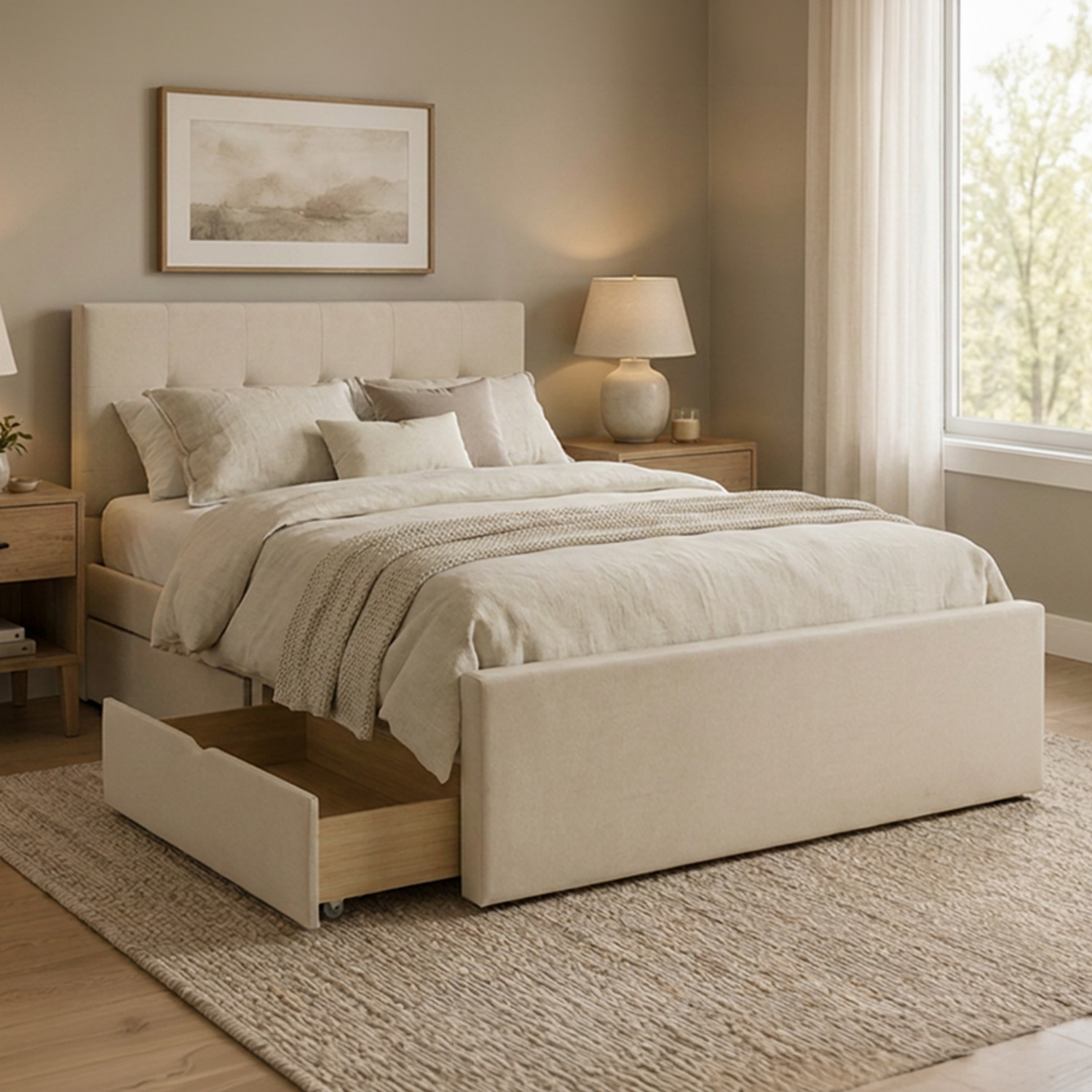 Upholstered bed 140x200 cm beige | with slatted frame | with 2 bed drawers | double fabric bed frame