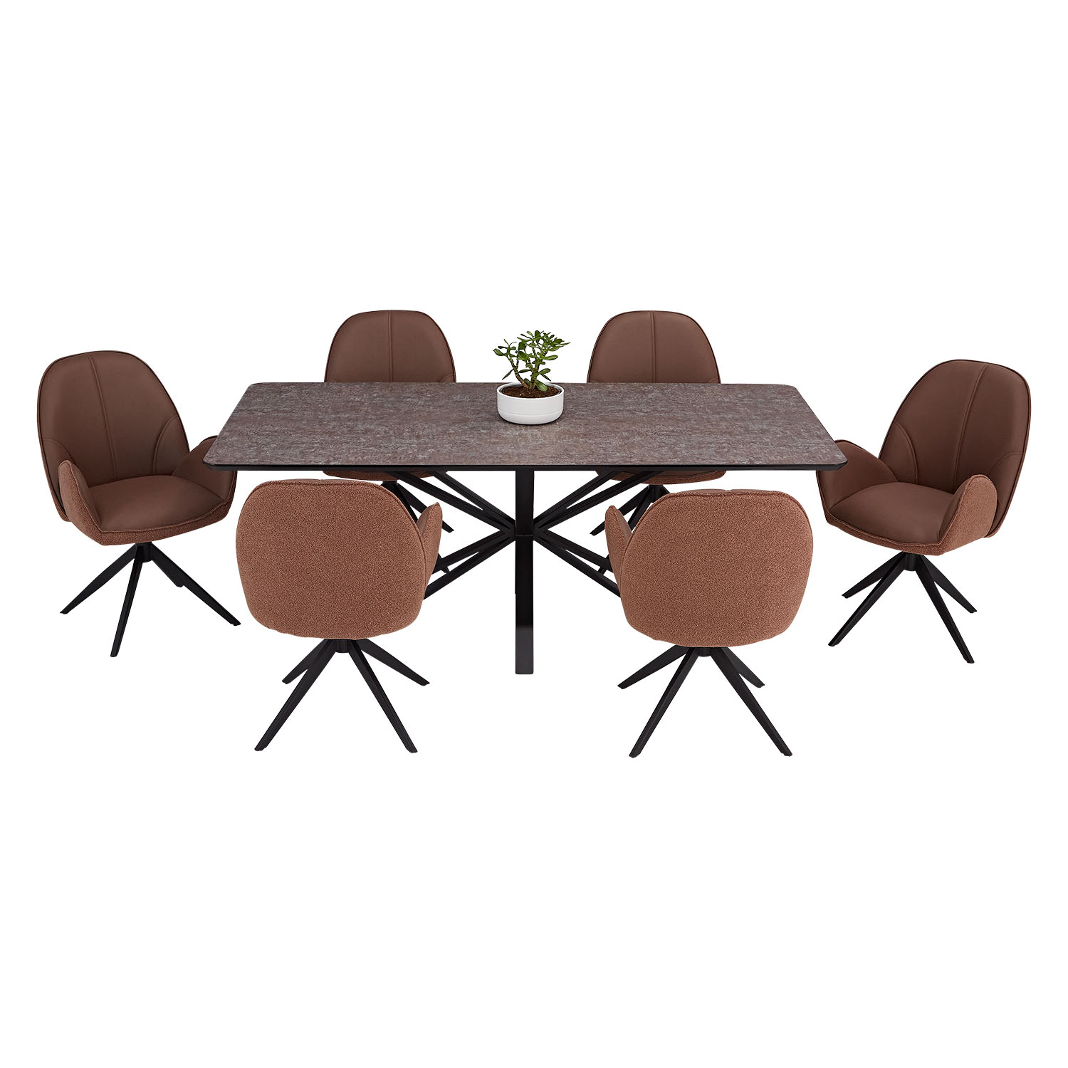 Dining set | 6-piece set upholstered chairs brown bouclé Leder with armrest | swivel | dining table brown metal frame 200 x 100 cm