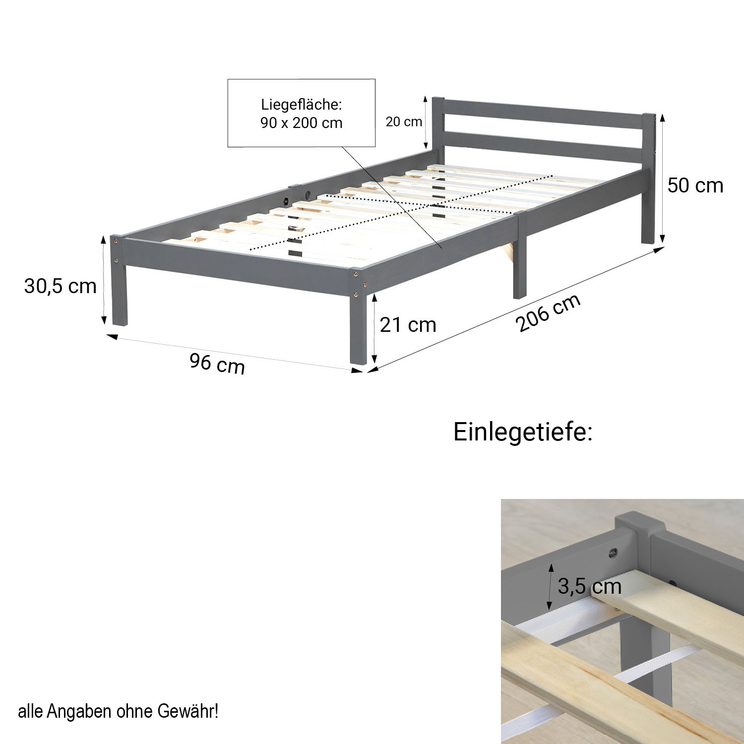Wooden Bed Single Bed 90x200 cm Bed Frame Grey Pine with Slats Youth Bed
