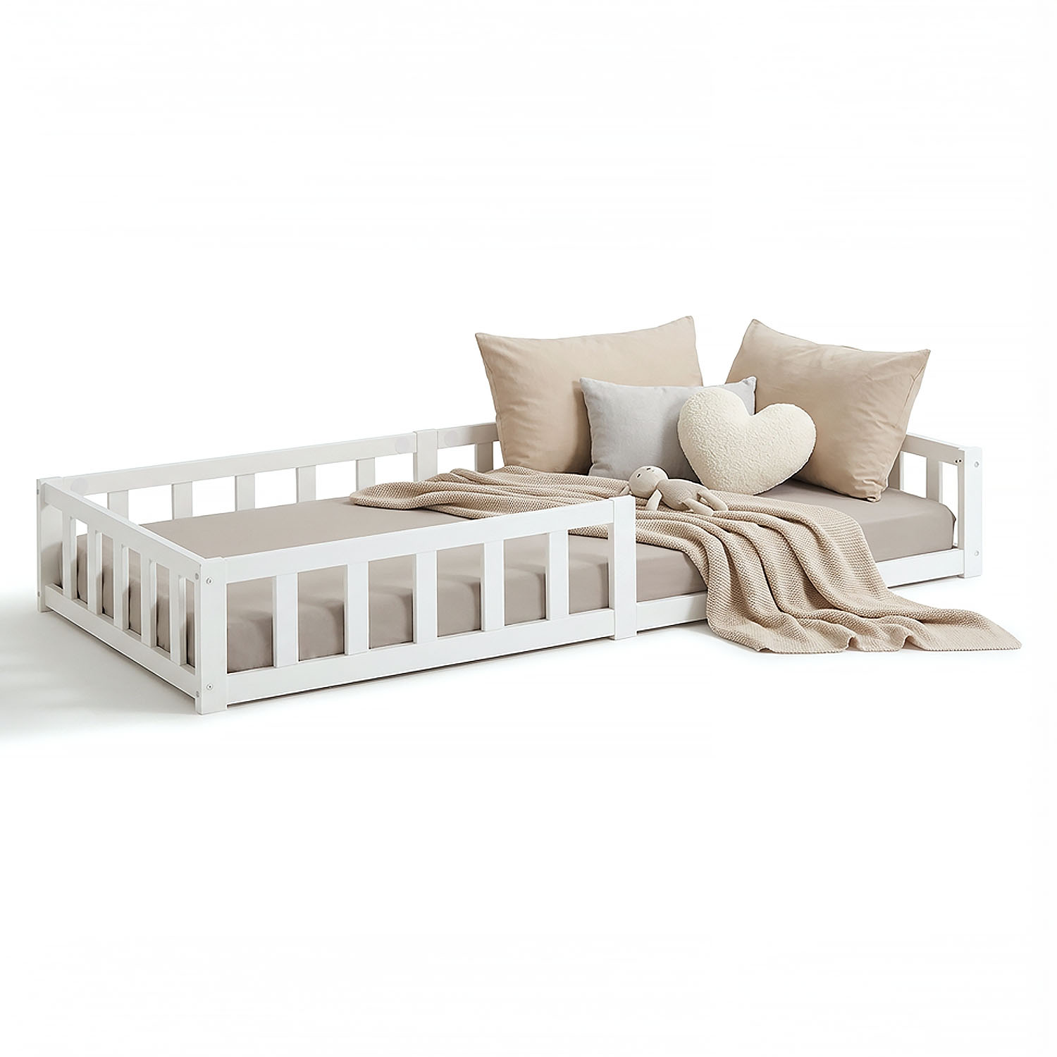 Toddler Floorbed 90x200 or 120x200 cm Montessori Bed with Barriers White Natural Wooden Infant Floor Bed Children's Bed Massif Kids Bed Single Bed Mattress