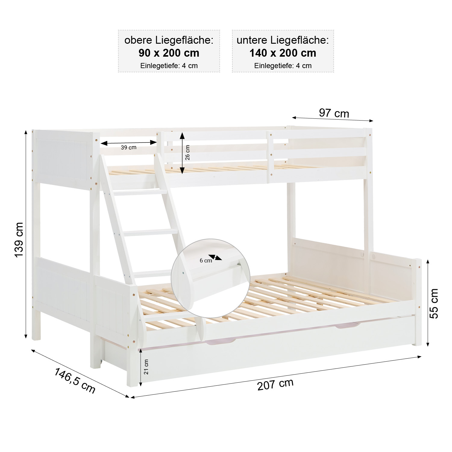 Bunk Bed with 2 Mattresses Kids Bed 90x200 and 140x200 cm White Wood Cabin Bed High Sleeper Bed Loft Bed Childrens Bed Twin Bed Drawer