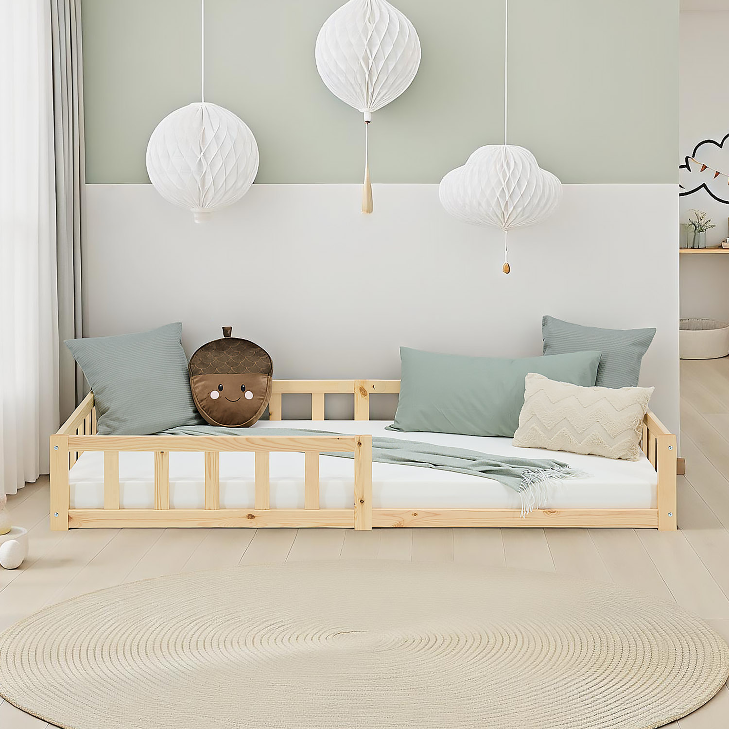 Children's Bed 90x200 Natural | Floor Bed with Mattress & Slatted Frame | with Fall Protection | Montessori
