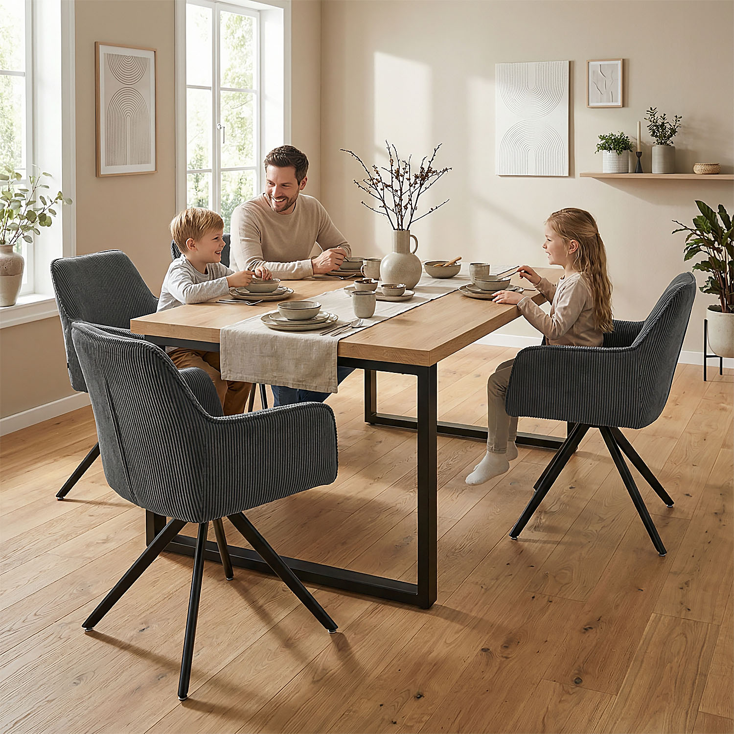 Modern Dining Table Kitchen Table Wooden Table 160x90 cm Oak Black Metal 6 Seater