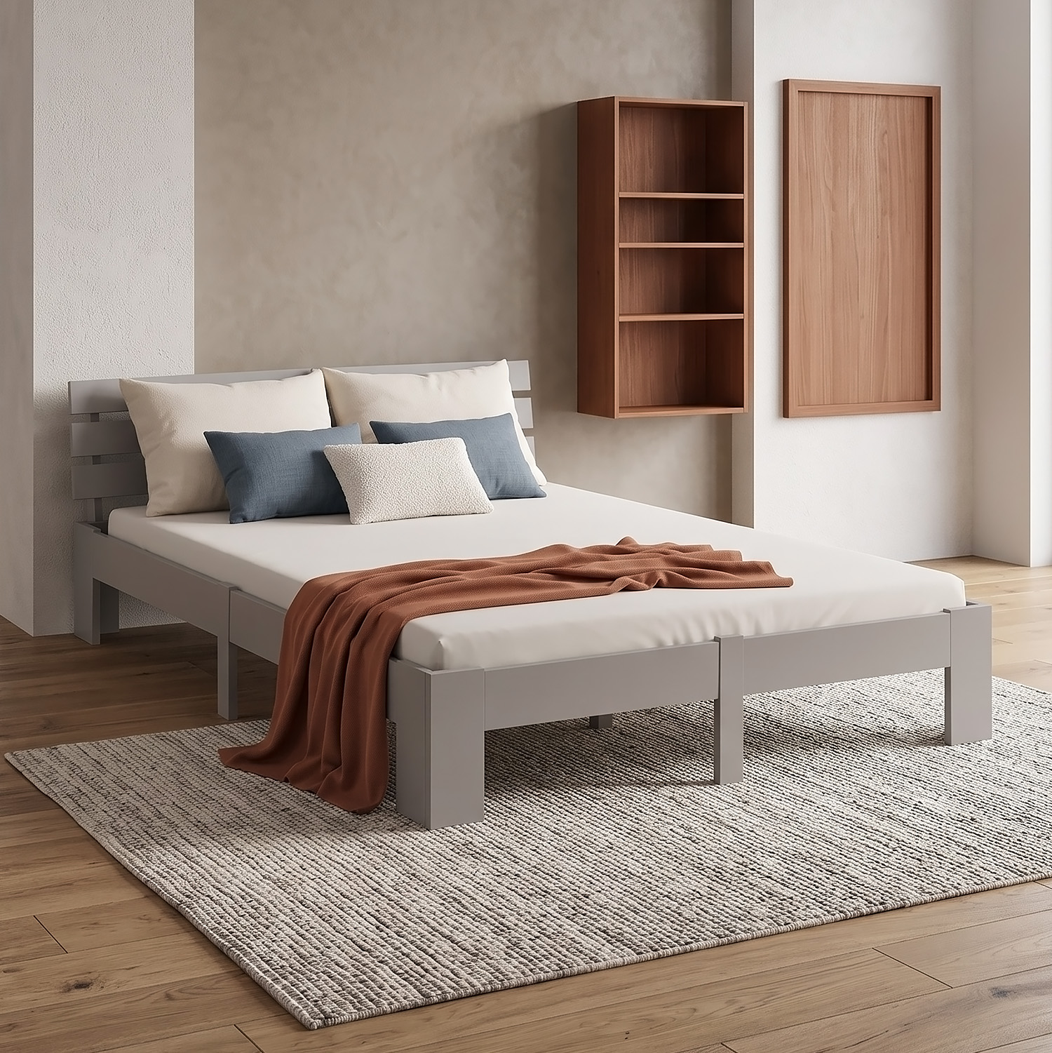 Solid Pine Wood Bed, 140x200 cm – Double Bed with Mattress and Slatted Base