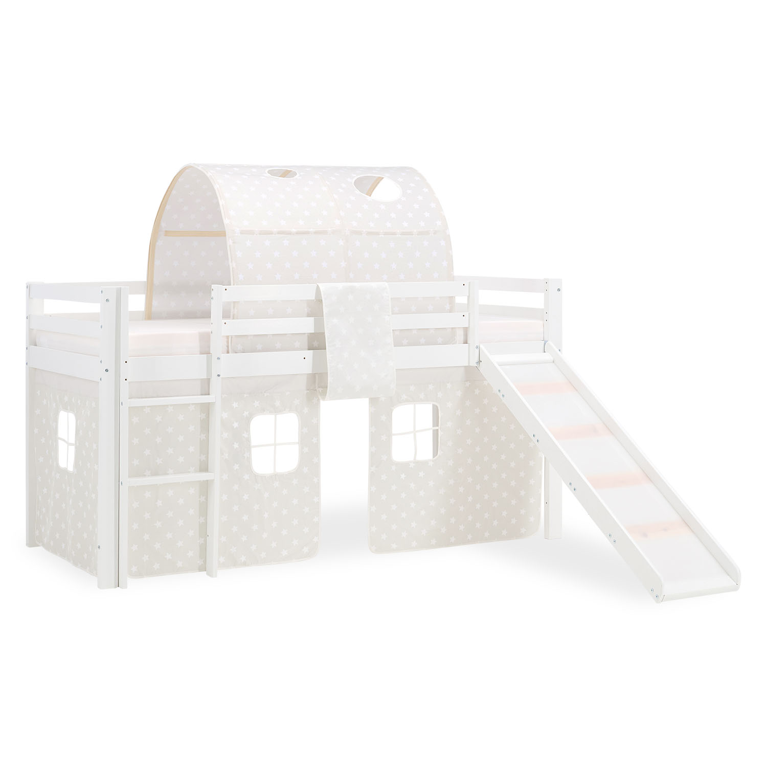 Children's Loft Bed 90x200 cm White with Star Curtain | Tunnel | Slide | Includes Slatted Base | Includes Mattress