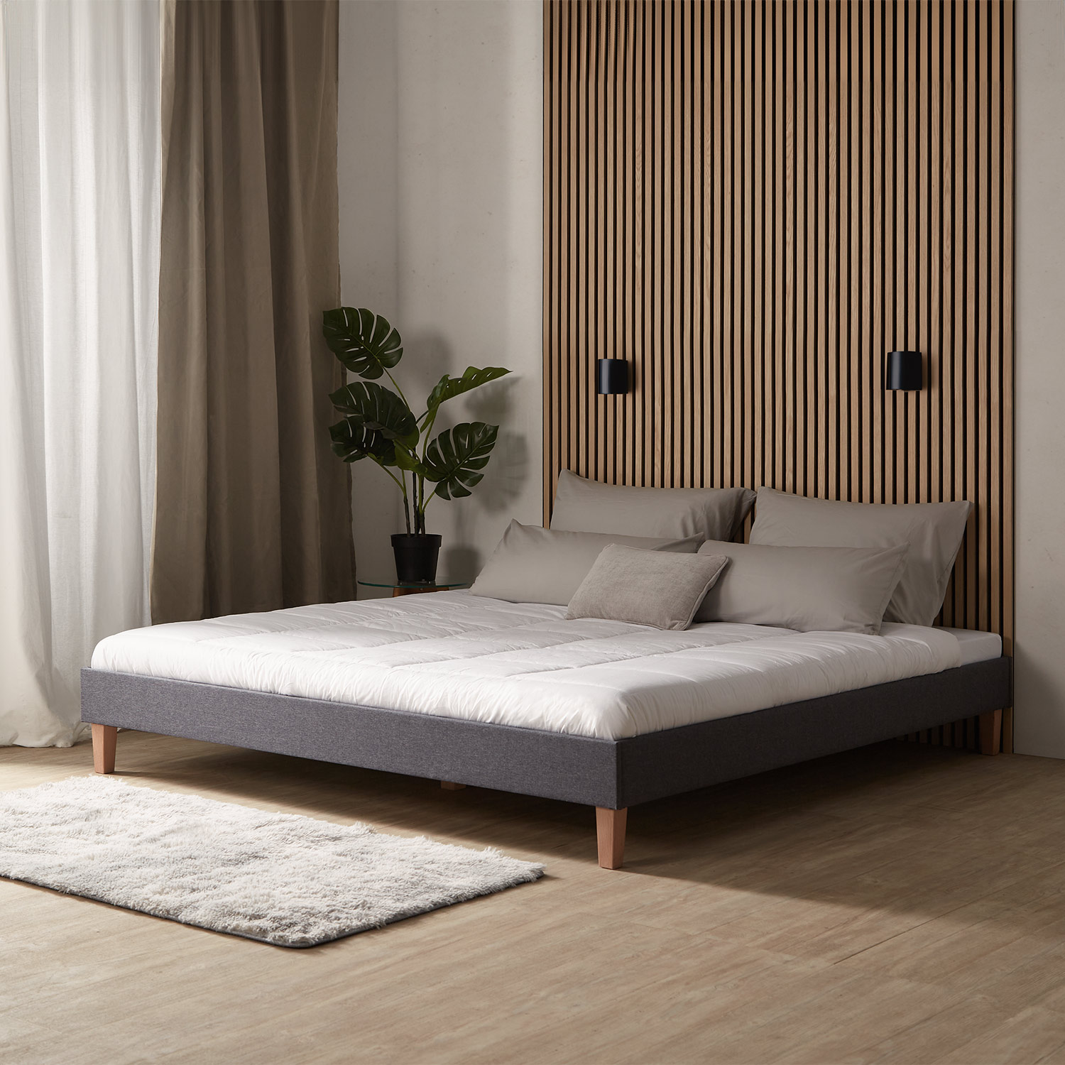 Upholstered bed 180x200 cm grey | futon bed | with slatted frame | double fabric bed frame