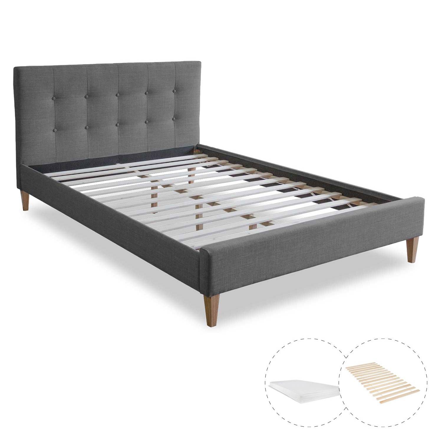 Upholstered Bed with Mattress 120x200 Slatted Frame Double Bed Fabric Bedstead Grey
