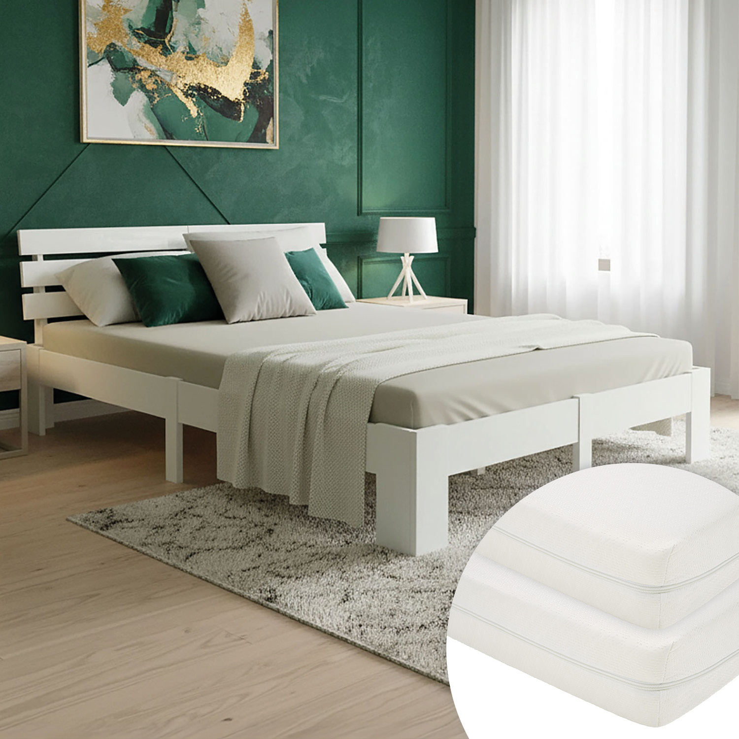 Wood Bed 160x200 cm White | Double Bed | with 2 Mattress | Solid | Kids Youth Guest Bedroom