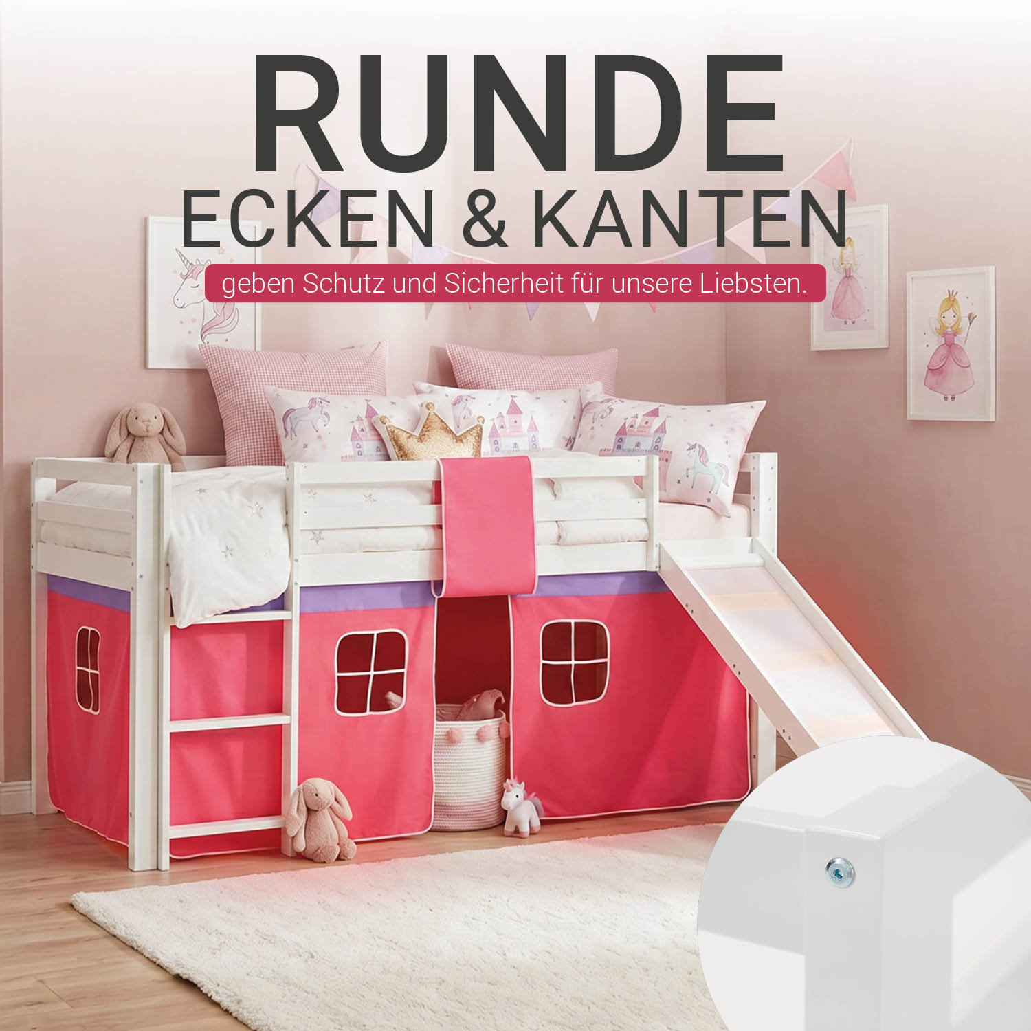 Children's Loft Bed 90x200 cm White with Pink Curtain | Slide | Without Slatted Base