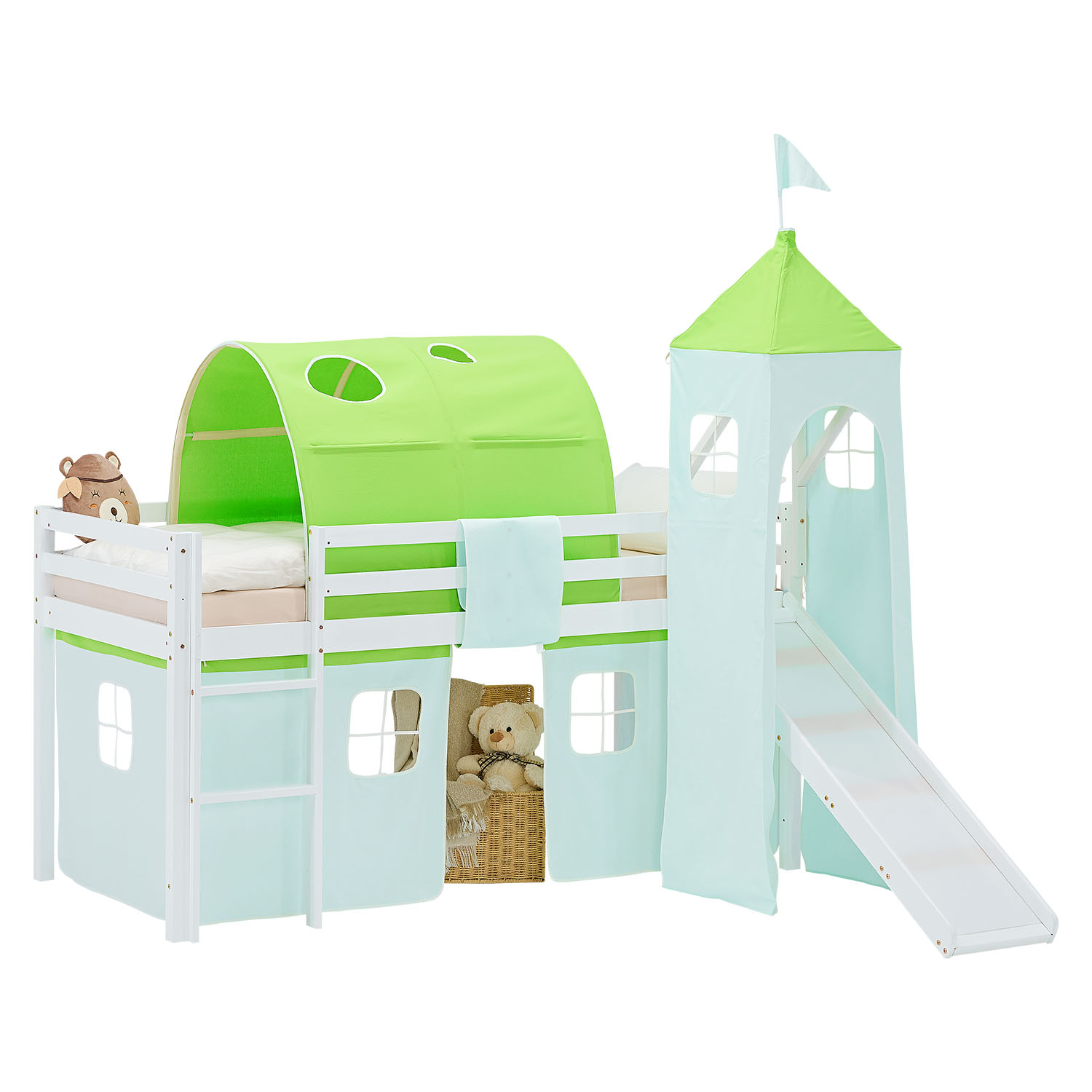 Loft Bed for Kids 90x200 cm White with Curtain in Green | Slide | Tower | Tunnel | with Slatted Frame and Mattress