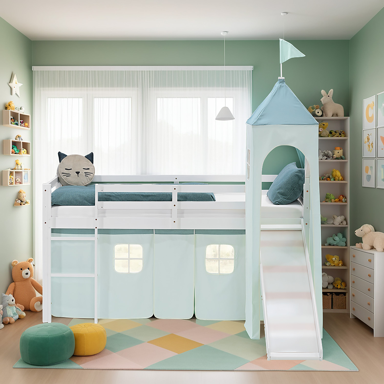 Loft Bed for Kids 90x200 cm White with Curtain in Mint Green | Slide | Tower | with Slatted Frame and Mattress