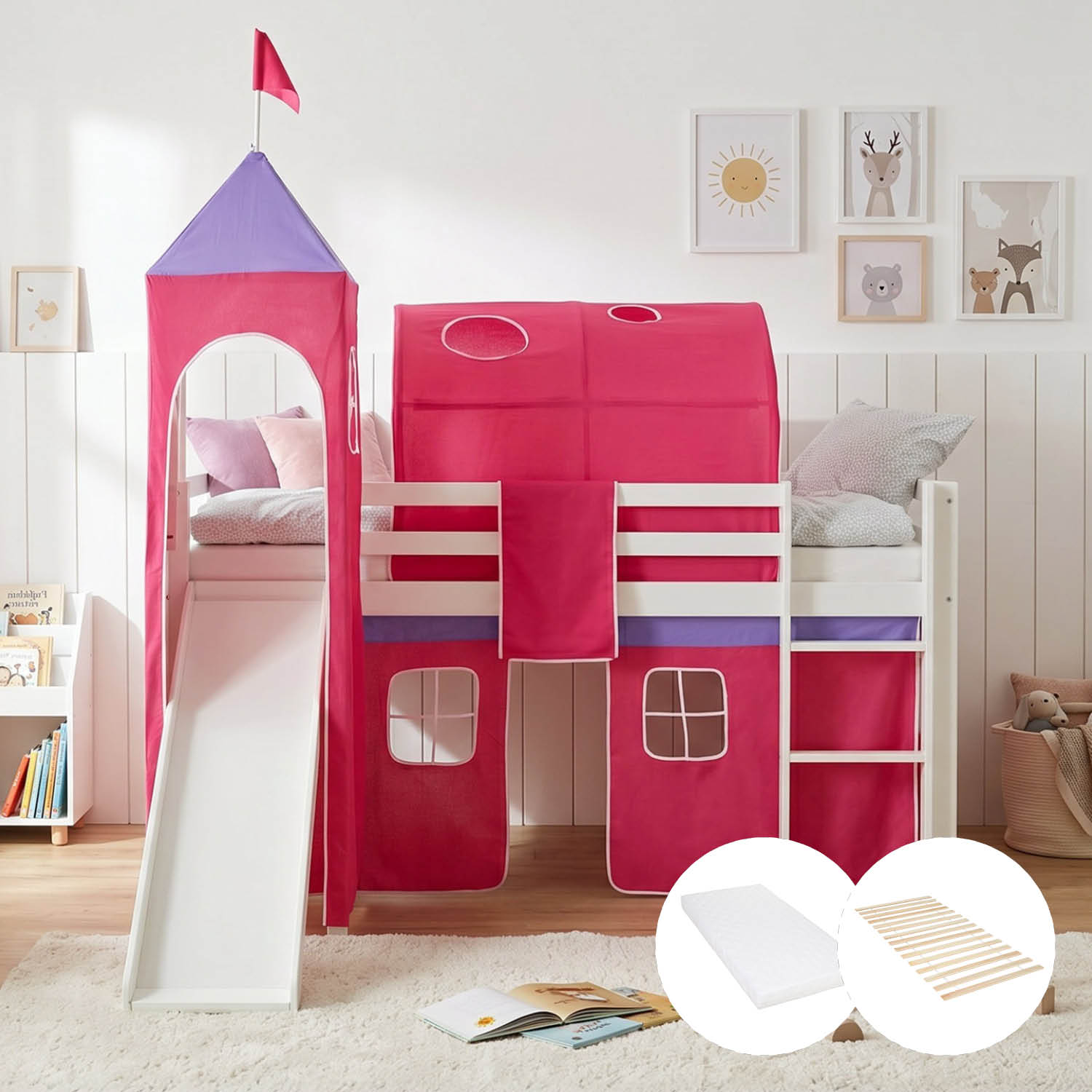 Children's Loft Bed 90x200 cm White with Pink Curtain | Tunnel | Tower | Slide | With Slatted Base | With Mattress