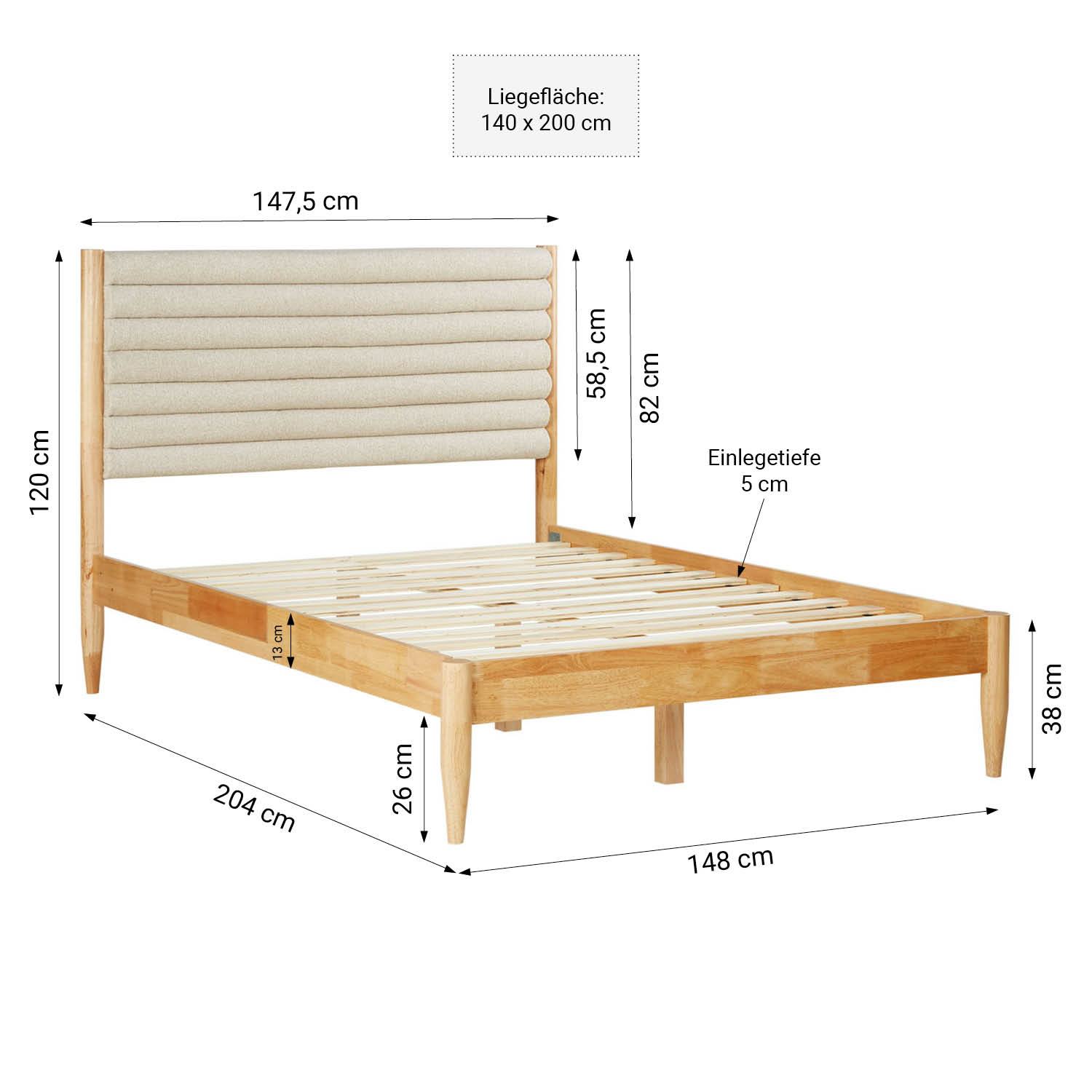 Wooden Bed 140x200 cm, Oak with Upholstered Headboard in Beige Bouclé, Includes Slatted Base & Mattress