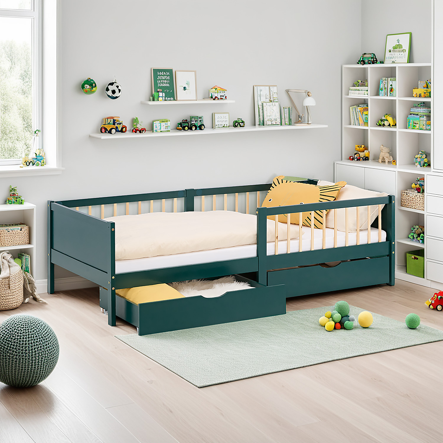 Children's bed 90x200 cm 2 bed drawers Fall-out protection White Green Wooden bed Single bed Crib Wooden bed frame Mattress