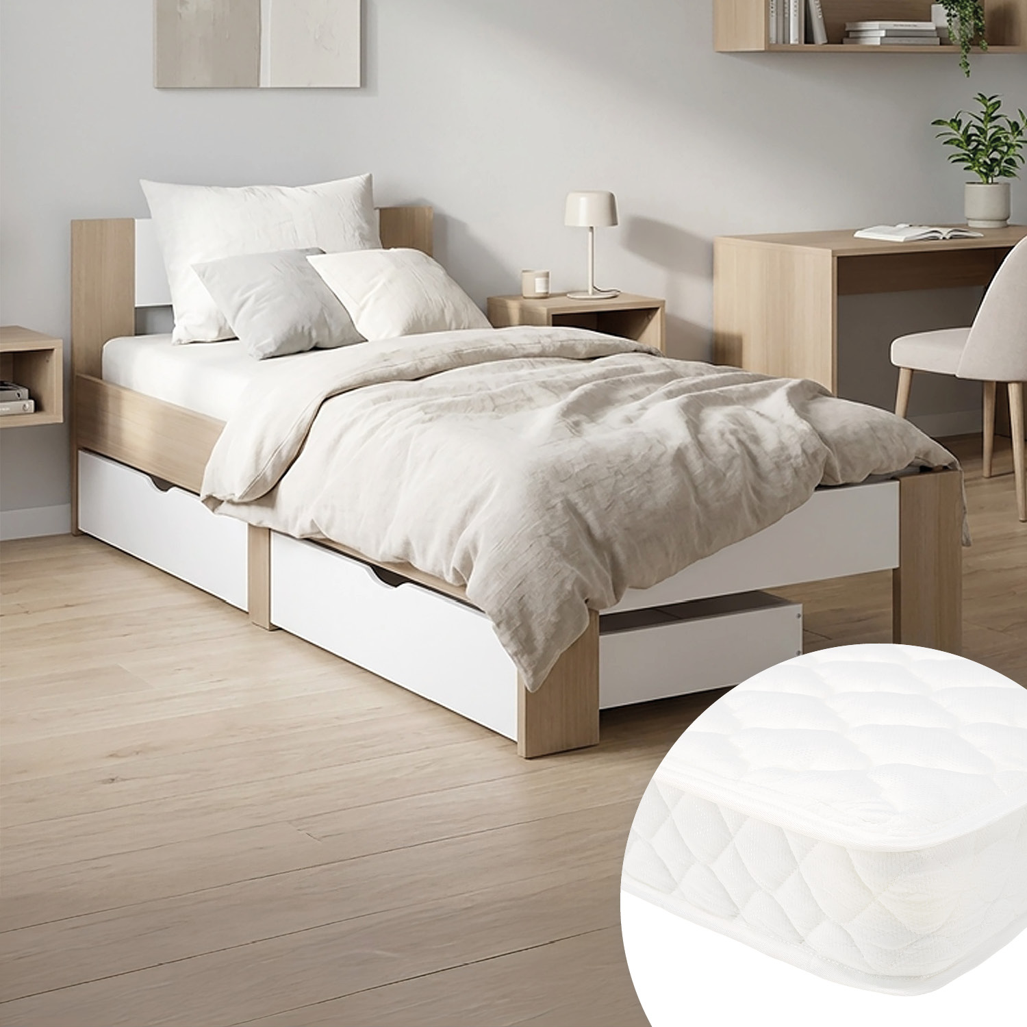 Wood Bed 90x200 cm Brown Oak White | Single Bed | with Spring Mattress | 2 Drawers | Kids Youth Guest Bedroom