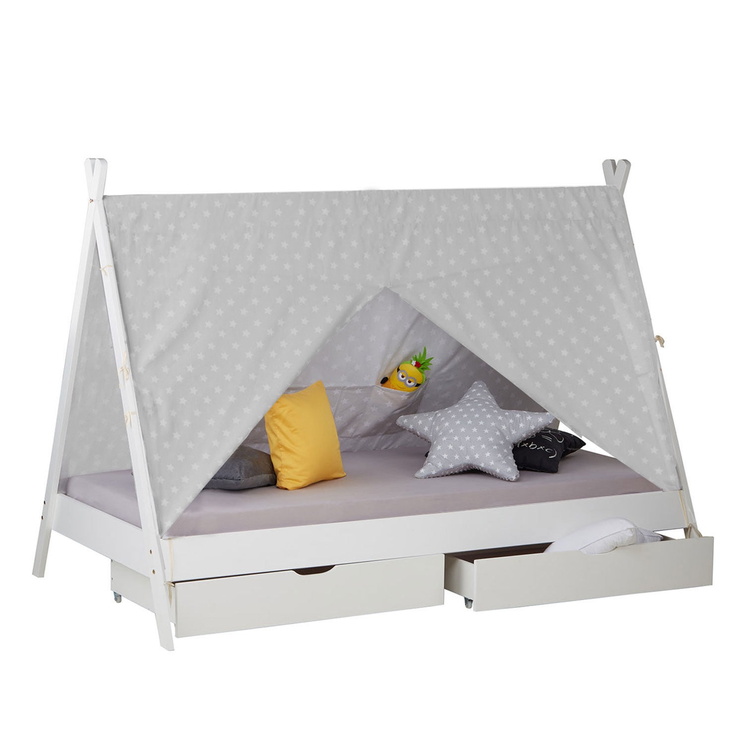 Kinderbett TIPI 90x200 cm Weiß Grau Holzbett wahlweise Bettkasten Indianer Bett Hausbett Spielbett 