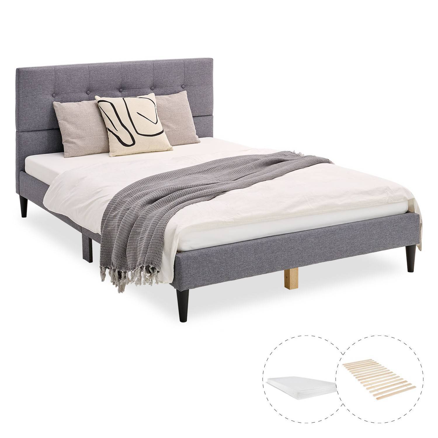Upholstered bed 140x200 cm grey | with slatted frame | with mattress | double fabric bed frame