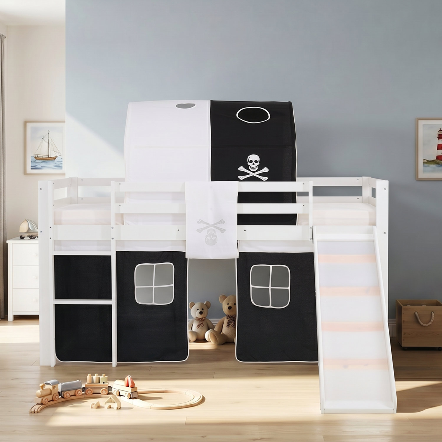Children's Loft Bed 90x200 cm White with Black Curtain | Tunnel | Slide | Without Slatted Base | Pirate | Boys
