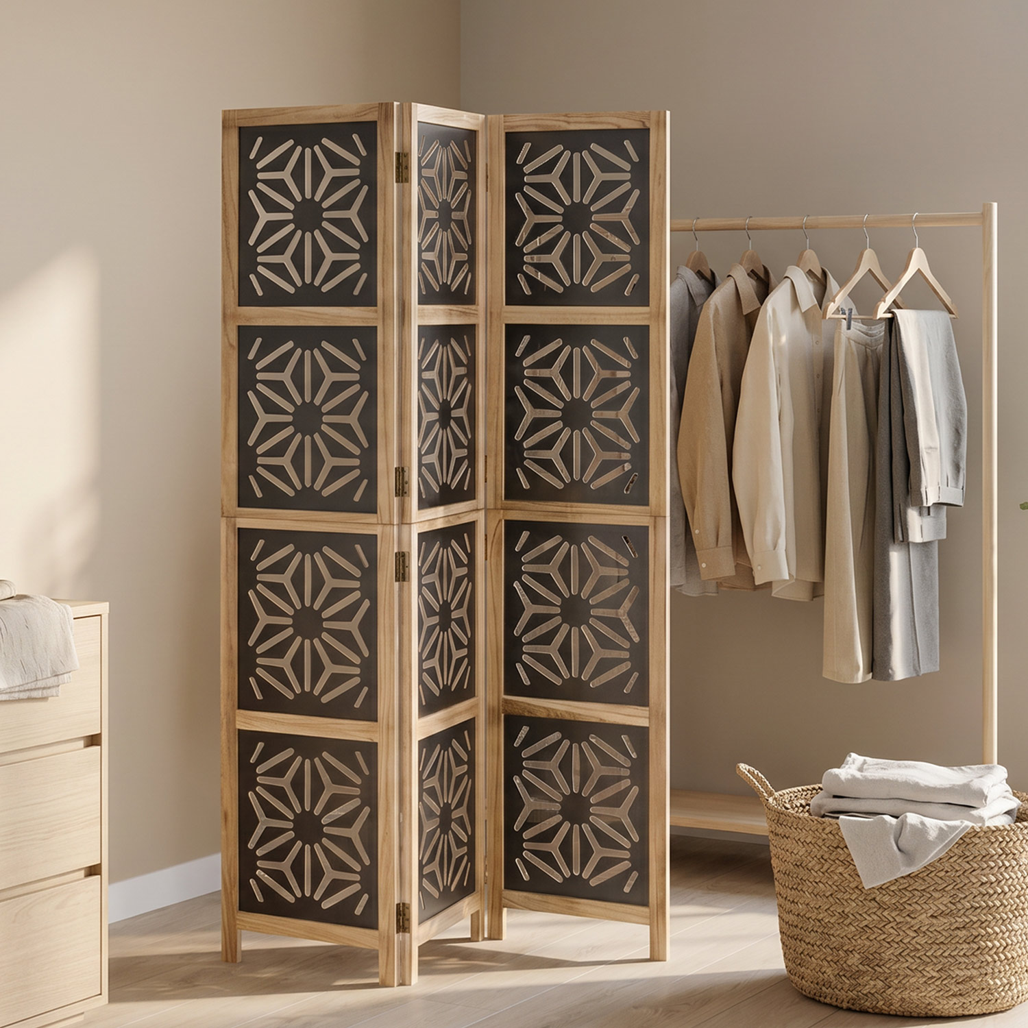 3-Panel "Nature" Folding Screen – Room Divider with Black Accents