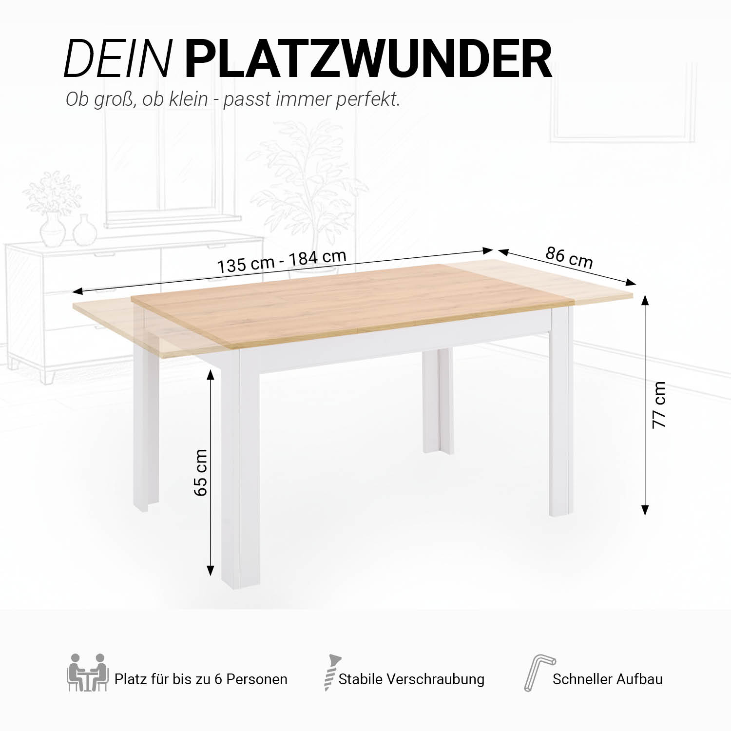 Modern Dining Table Kitchen Table White Wooden Table 135x86 cm Wotan Oak 8 Seater Extendable