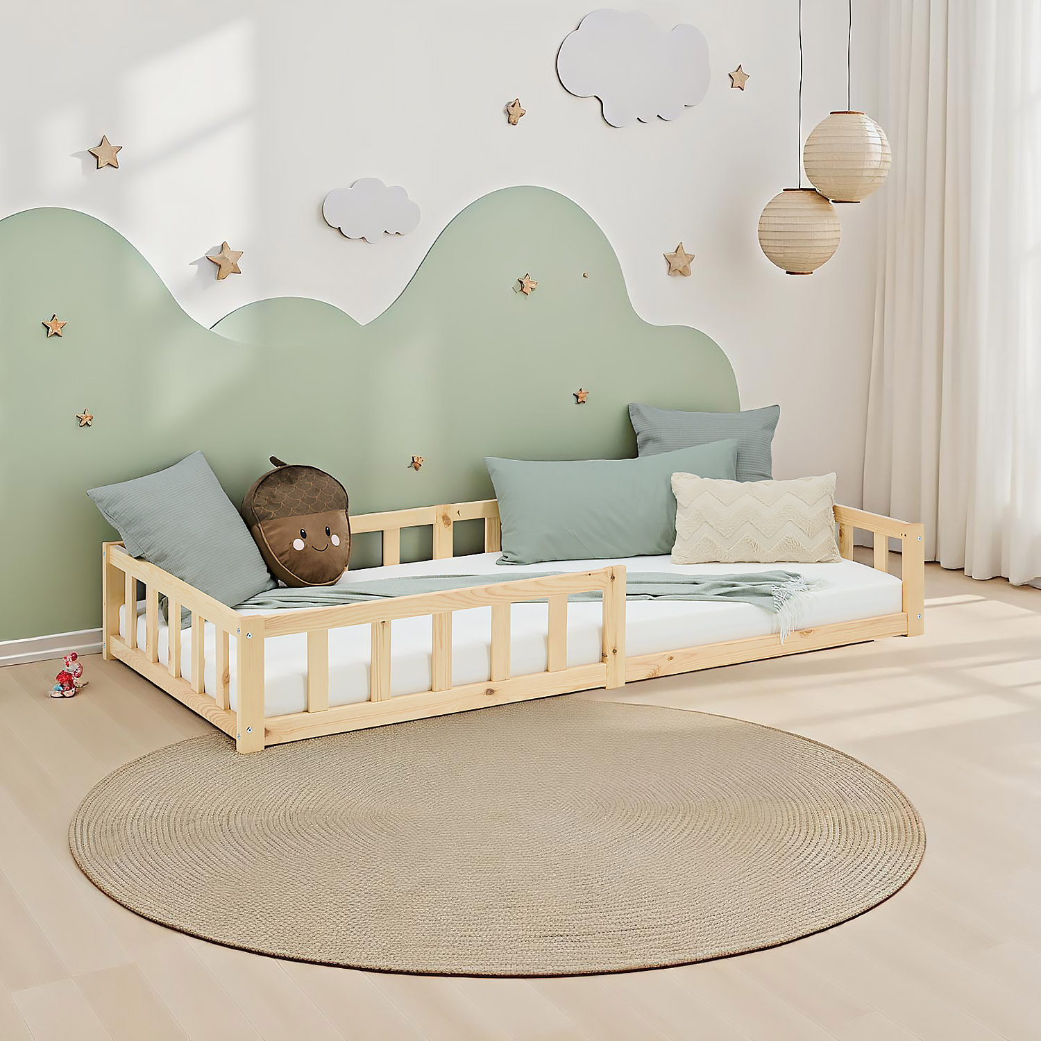 Toddler Floorbed 90x200 or 120x200 cm Montessori Bed with Barriers White Natural Wooden Infant Floor Bed Children's Bed Massif Kids Bed Single Bed Mattress