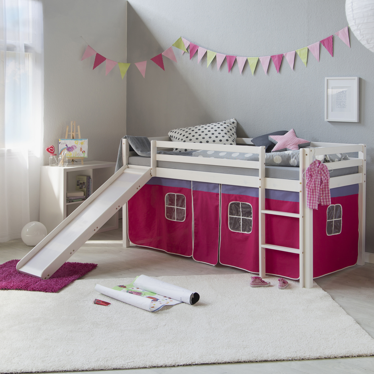Loft Bed Kids 90x200 cm White with Curtain Pink | Slide | without Slatted Frame