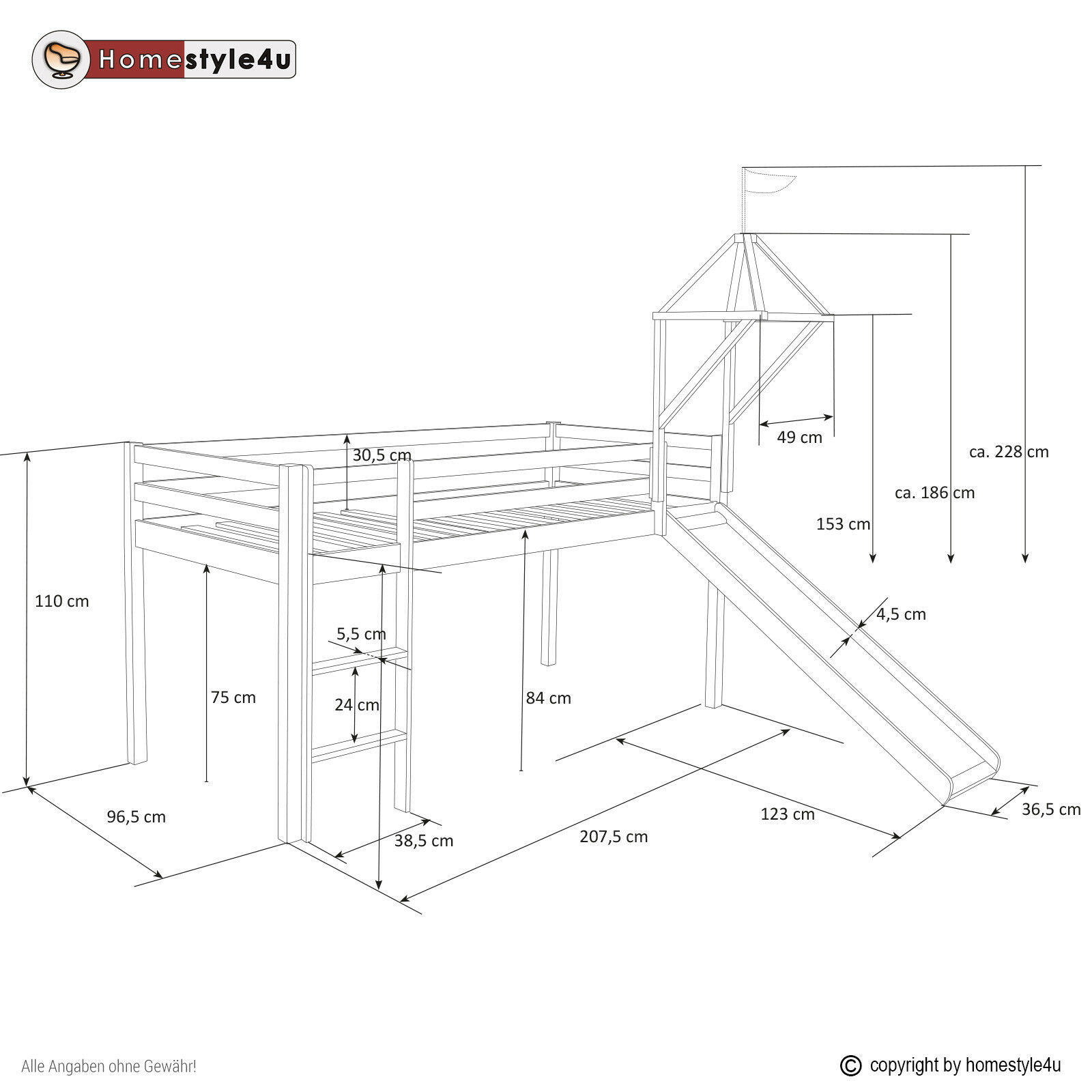 Loft Bed Kids 90x200 cm White with Curtain Blue | Tunnel | Tower | Slide | without Slatted Frame
