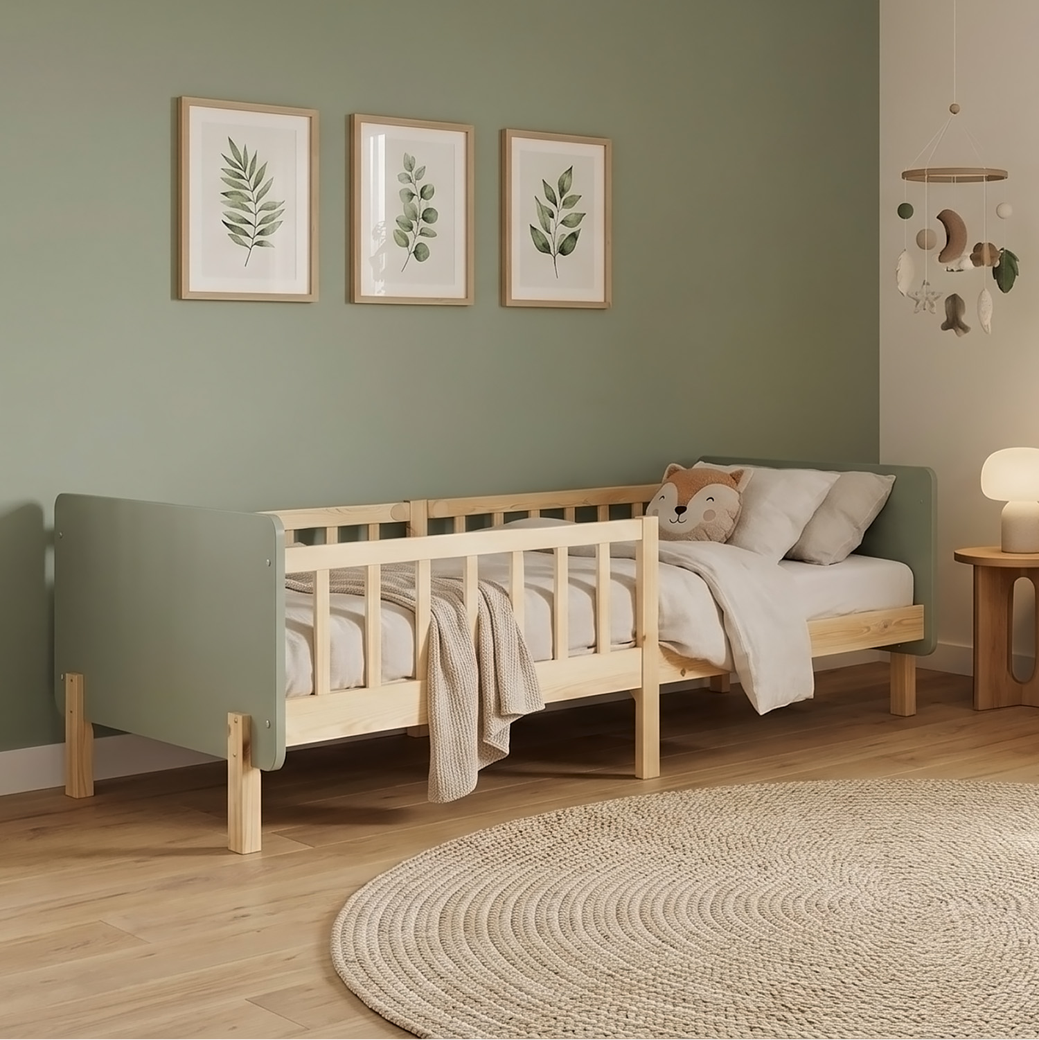 Single bed 90x200 cm Green with Mattress Wooden Bed frame Toddler bed with safety rail Kids bed Childrens bed Slatted frame
