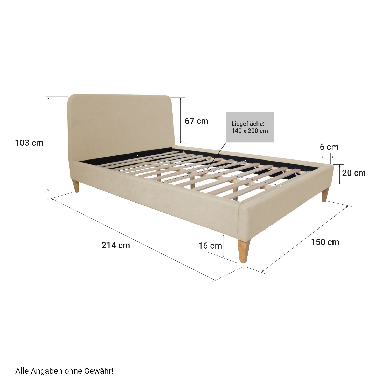 Upholstered Bed Fabric Double Bed 140x200 cm with Slatted Frame Beige