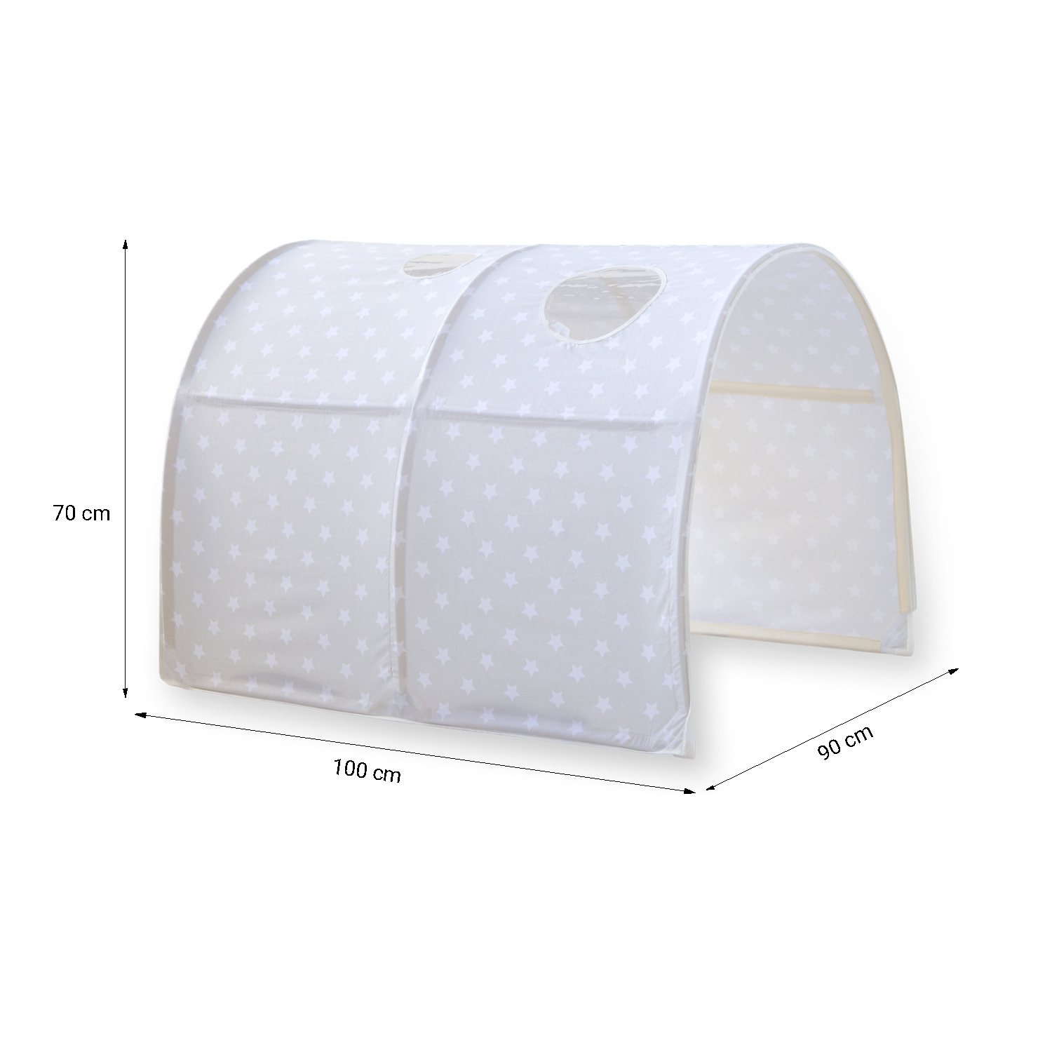 Children's Loft Bed 90x200 cm Gray with Star Curtain | Tunnel | Tower | Slide | With Slatted Base | With Mattress