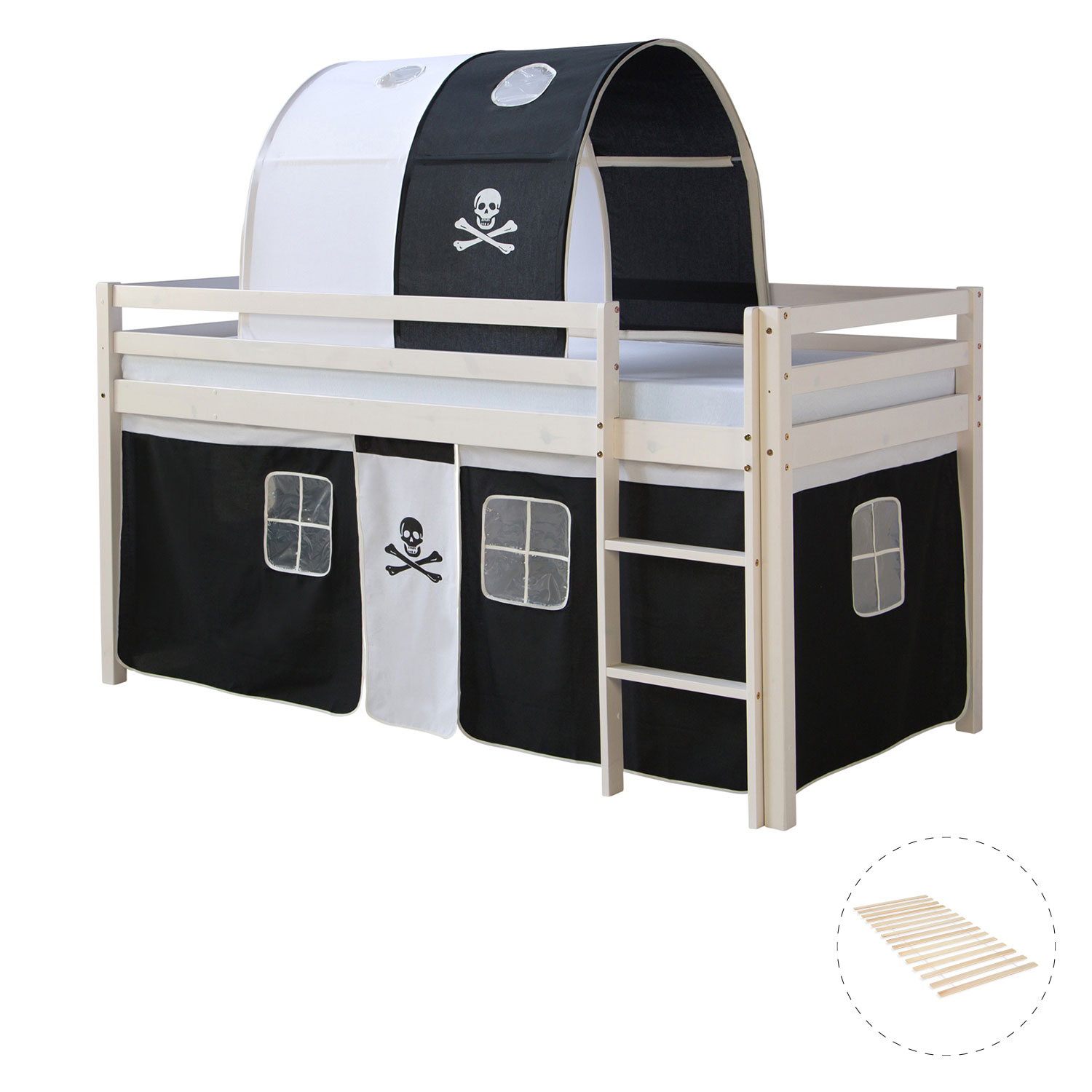 Loftbed 90x200 cm with Slats Bunk bed Childrens bed Tunnel Curtain Black Pirate Solid Pine Wood