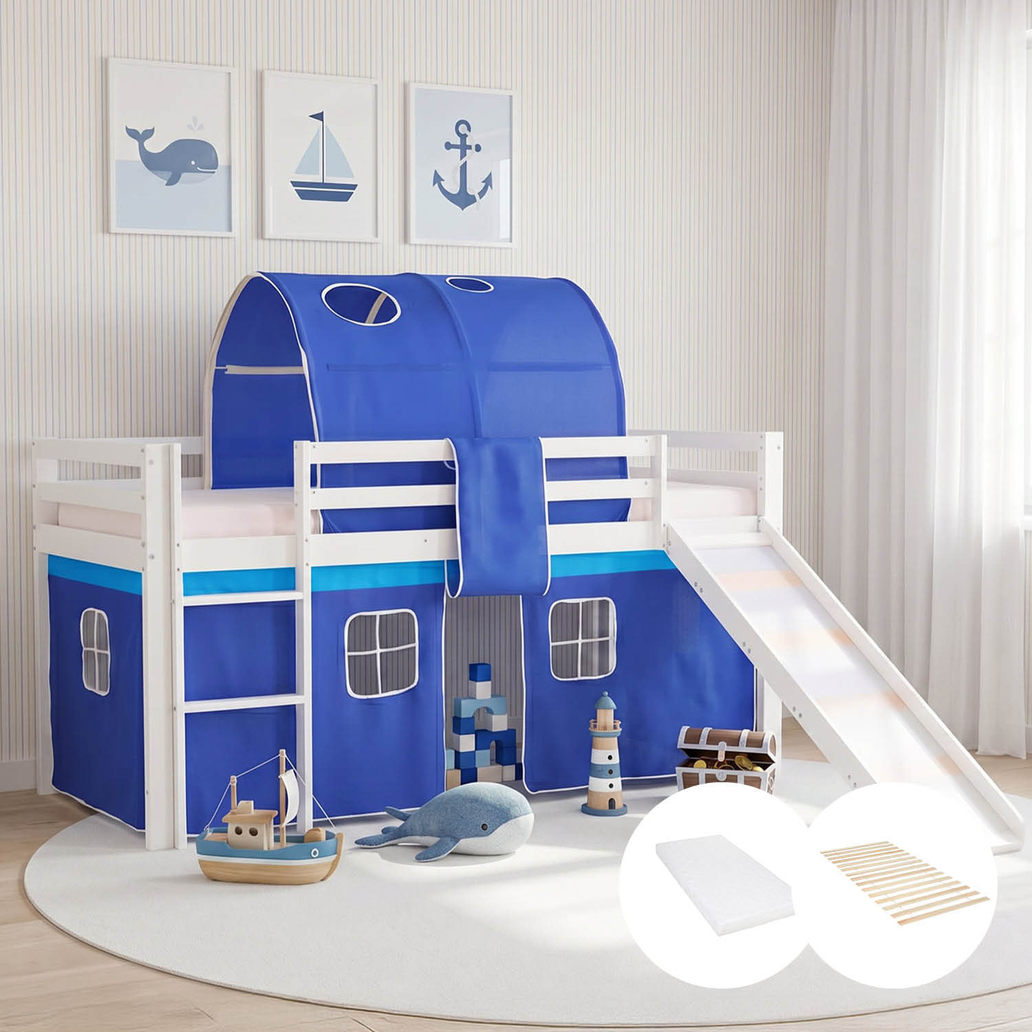 Children's Loft Bed 90x200 cm White with Blue Curtain | Slide | Tunnel | Includes Slatted Base | Includes Mattress