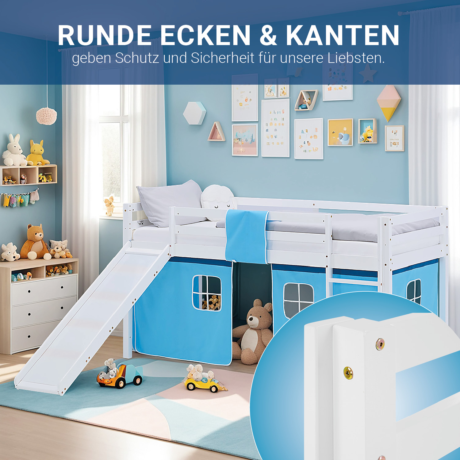 Loft Bed for Kids 90x200 cm White with Curtain in Blue | Slide | with Slatted Frame and Mattress