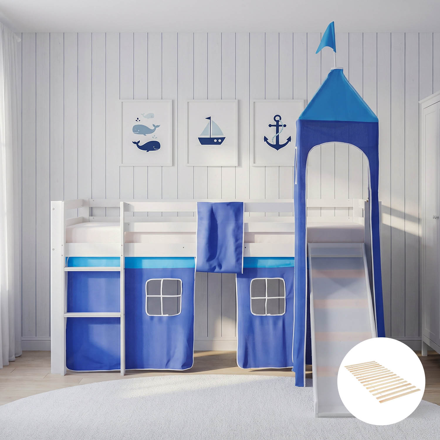 Children's Loft Bed 90x200 cm White with Blue Curtain | Tower | Slide | with Slatted Base