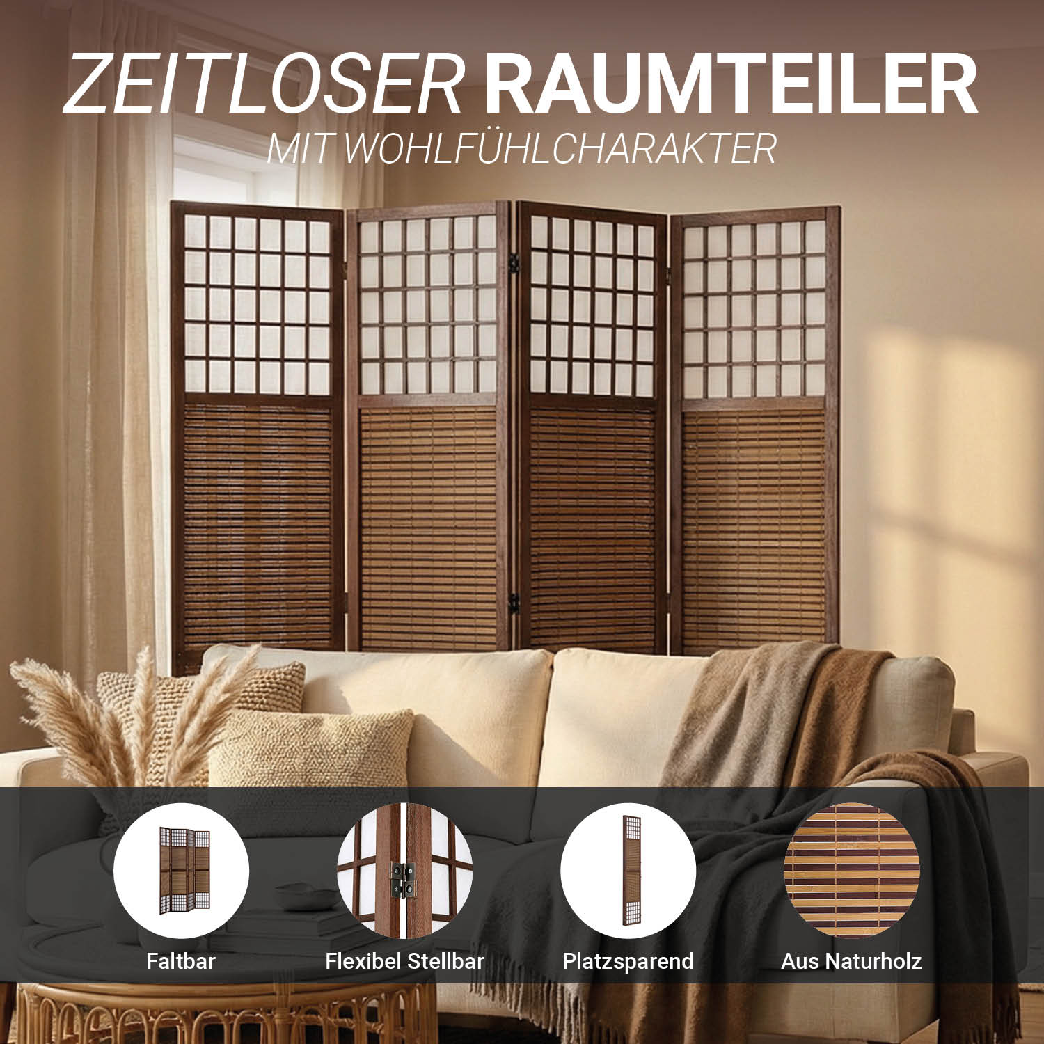 Paravent Brown Bamboo Shoji Rice Paper White Height 200 cm | 4-panel | Wood | Room Divider Partition Privacy Screen