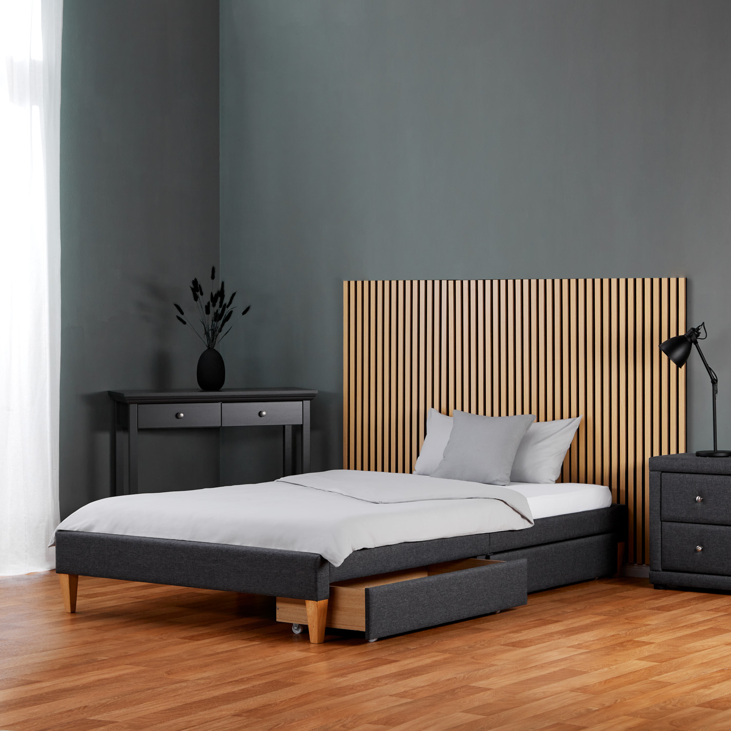 Upholstered bed 140x200 cm grey anthracite | futon bed | with slatted frame | with 2 bed drawers | double fabric bed frame