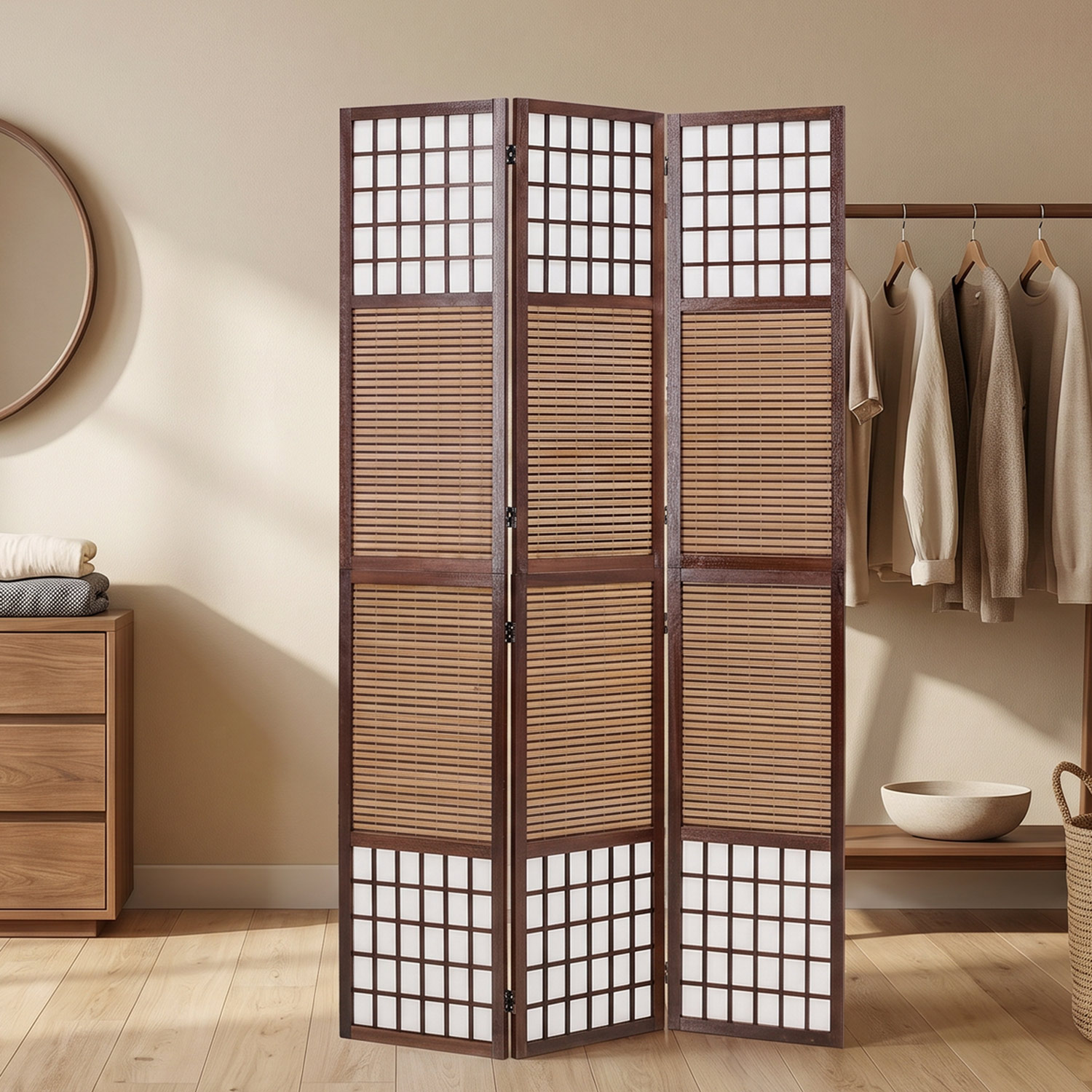 Brown 3-panel folding screen – bamboo & shoji rice paper, 200 cm