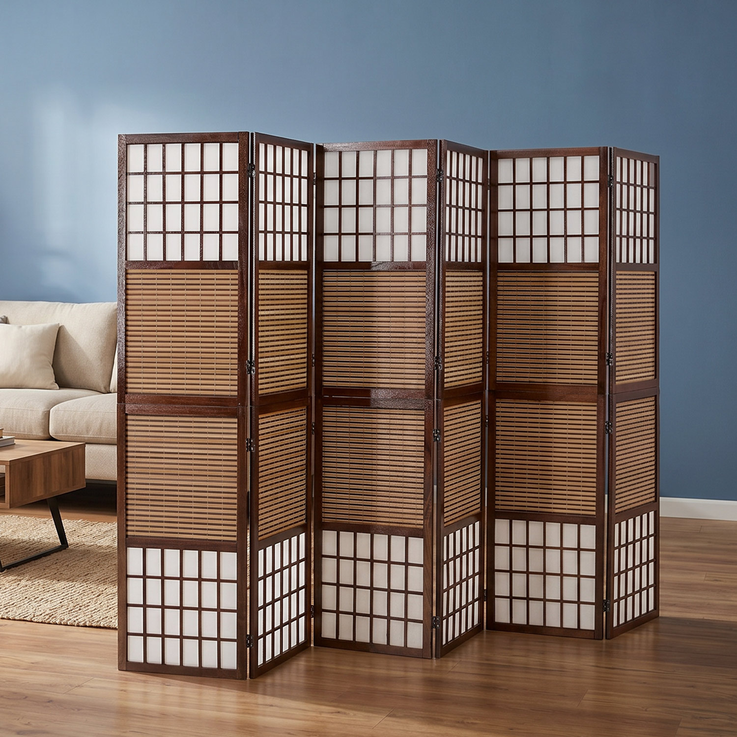 Paravent Brown Bamboo Shoji Rice Paper White | 6-panel | Wood | Room Divider Partition Privacy Screen
