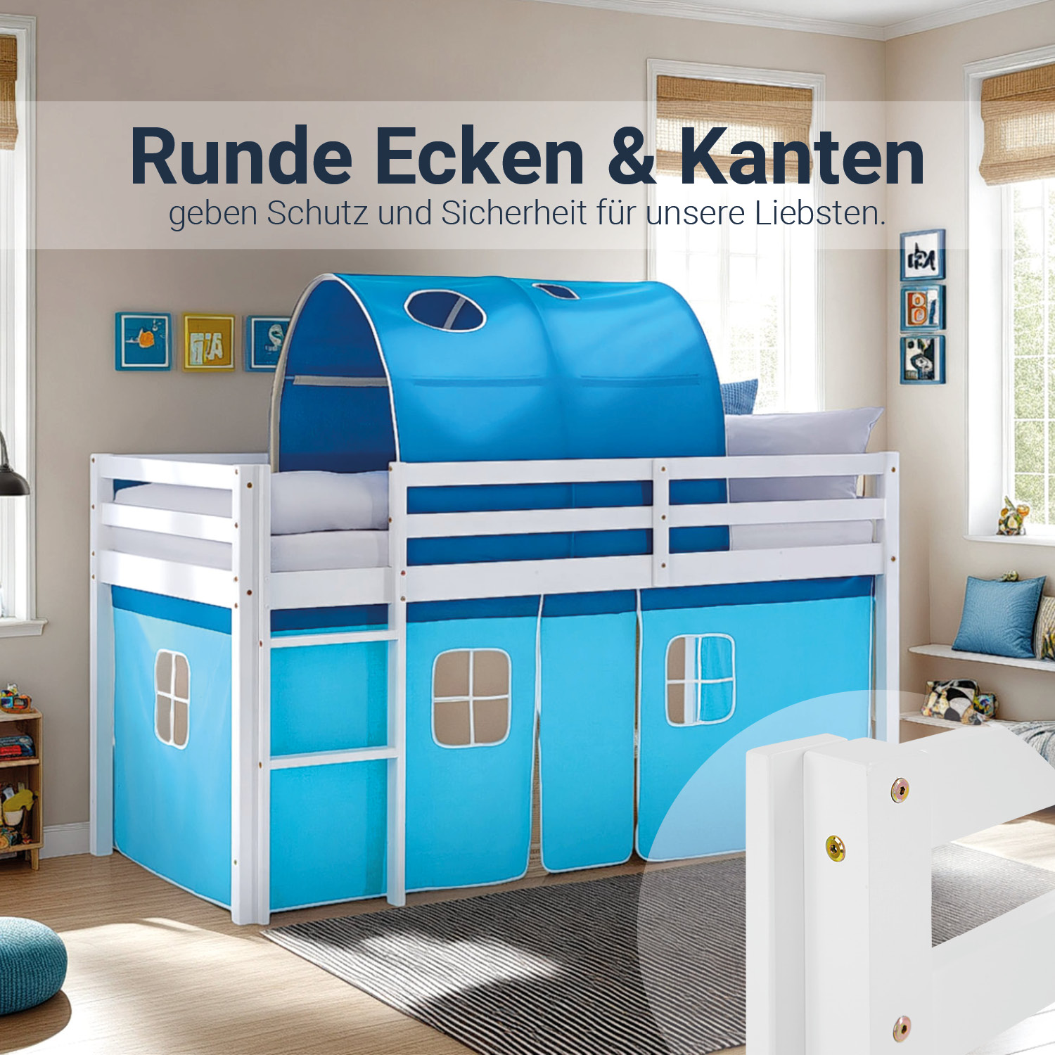 Loft Bed for Kids 90x200 cm White with Curtain in Blue | Tunnel | with Slatted Frame and Mattress