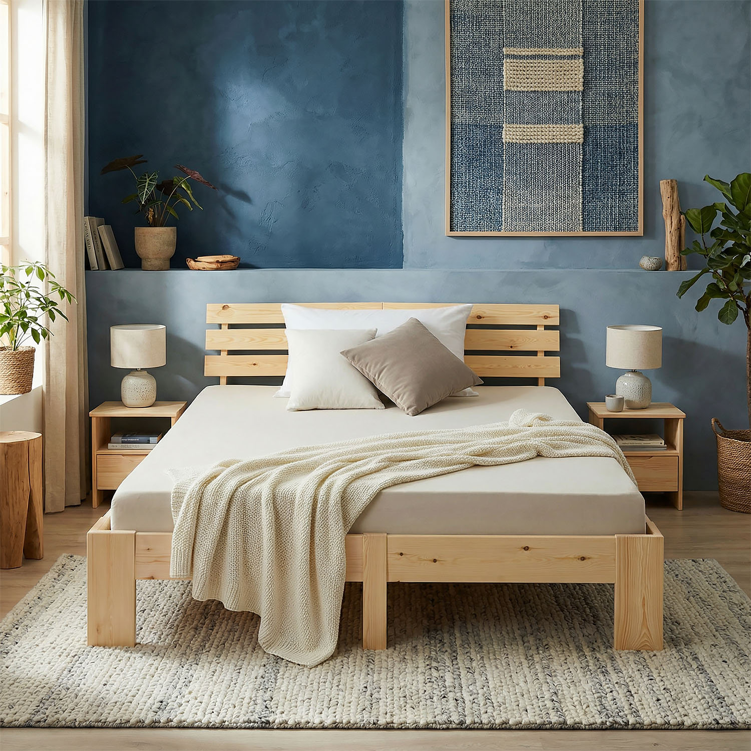 Wood Bed 160x200 cm Natural | Double Bed | with 2 Mattress | Solid | Kids Youth Guest Bedroom