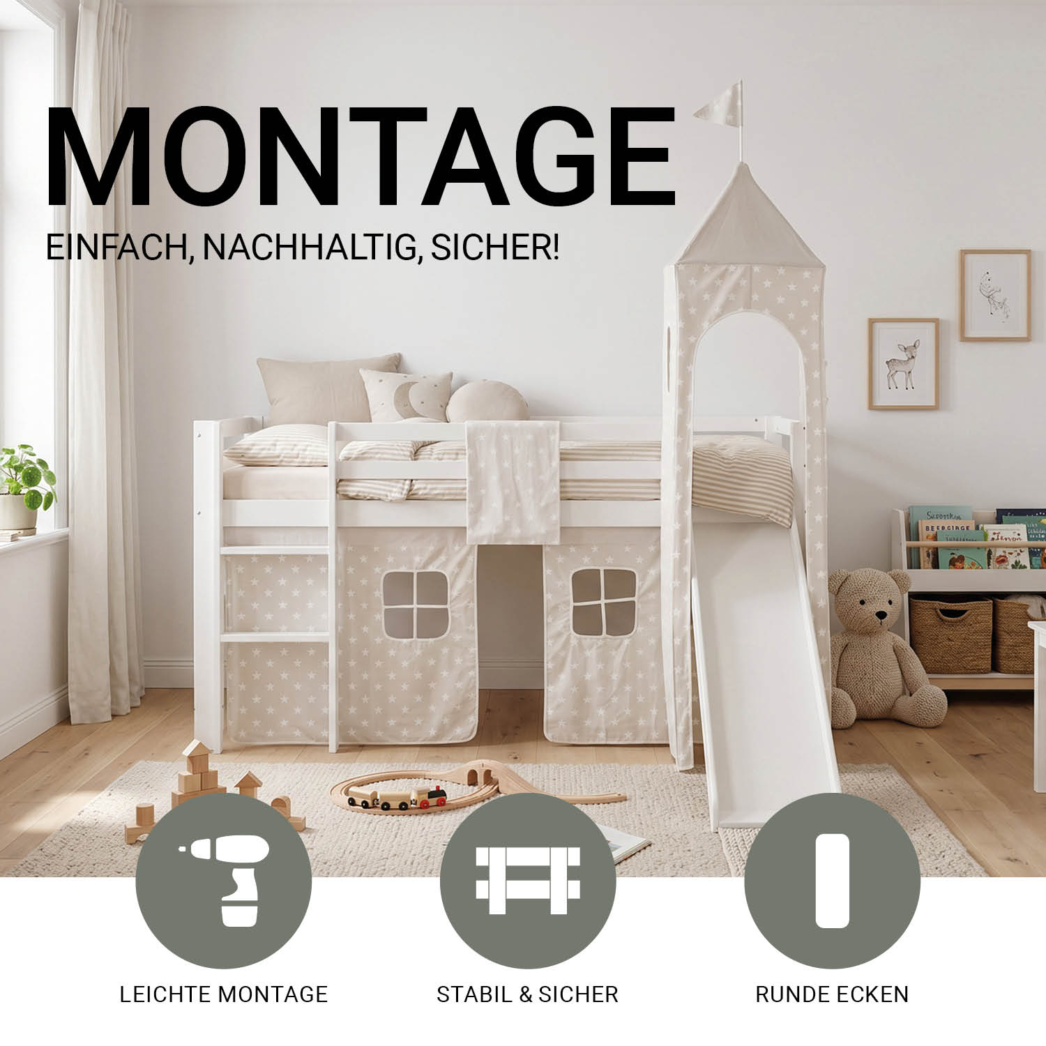 Children's Loft Bed 90x200 cm White with Star Curtain | Tower | Slide | Includes Slatted Base | Includes Mattress