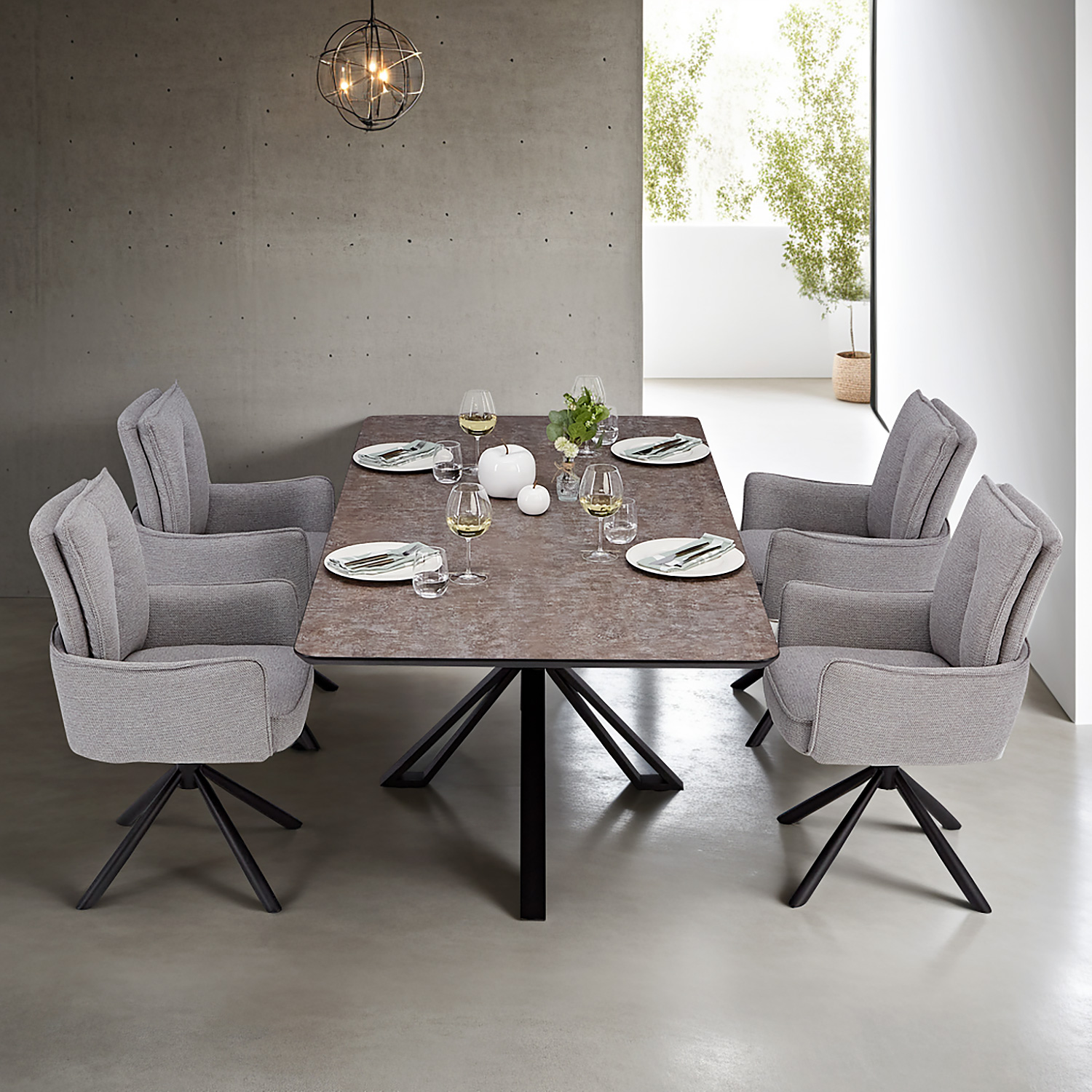 Dining set | 4-piece set upholstered chairs grey with armrest | swivel | dining table brown metal frame 200 x 100 cm