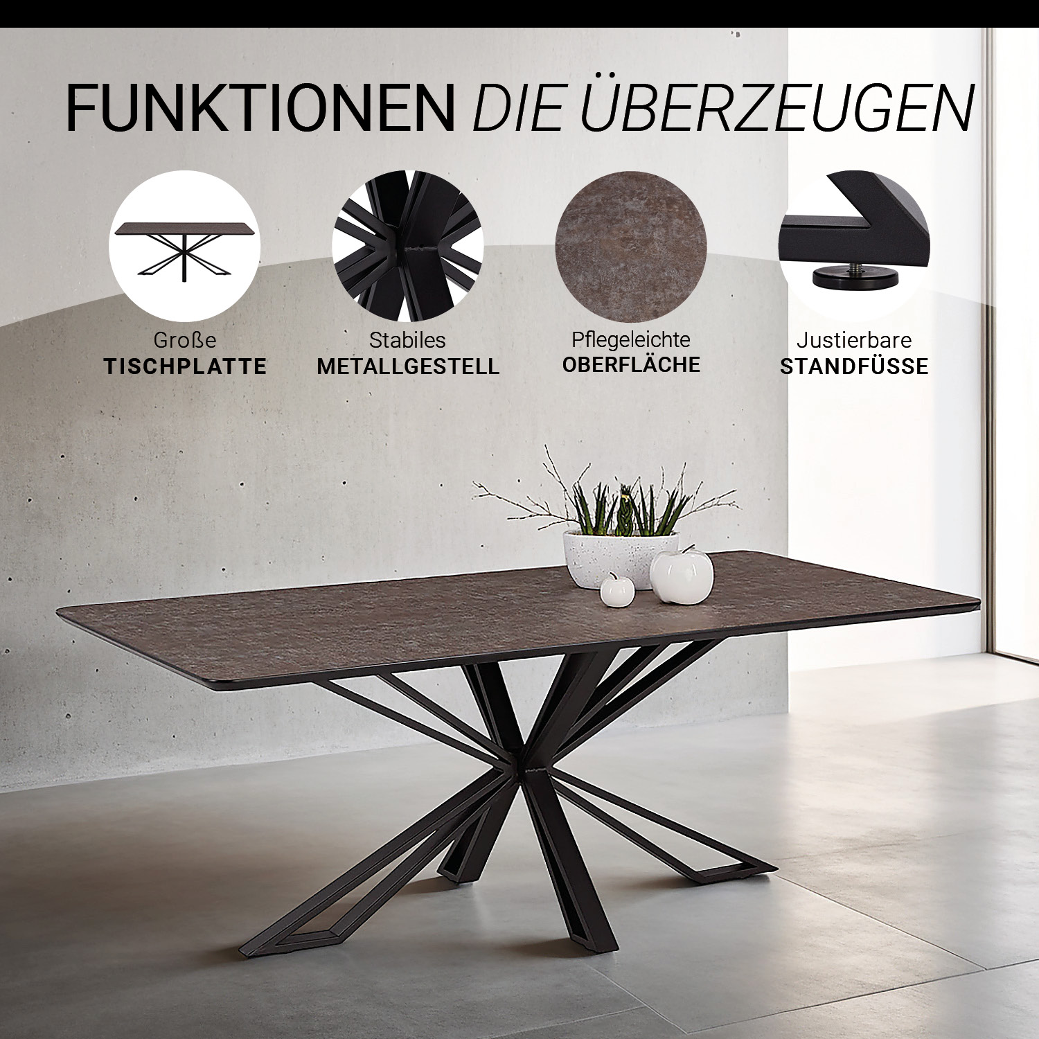 Dining set | 6-piece set upholstered chairs brown bouclé Leder with armrest | swivel | dining table brown metal frame 200 x 100 cm