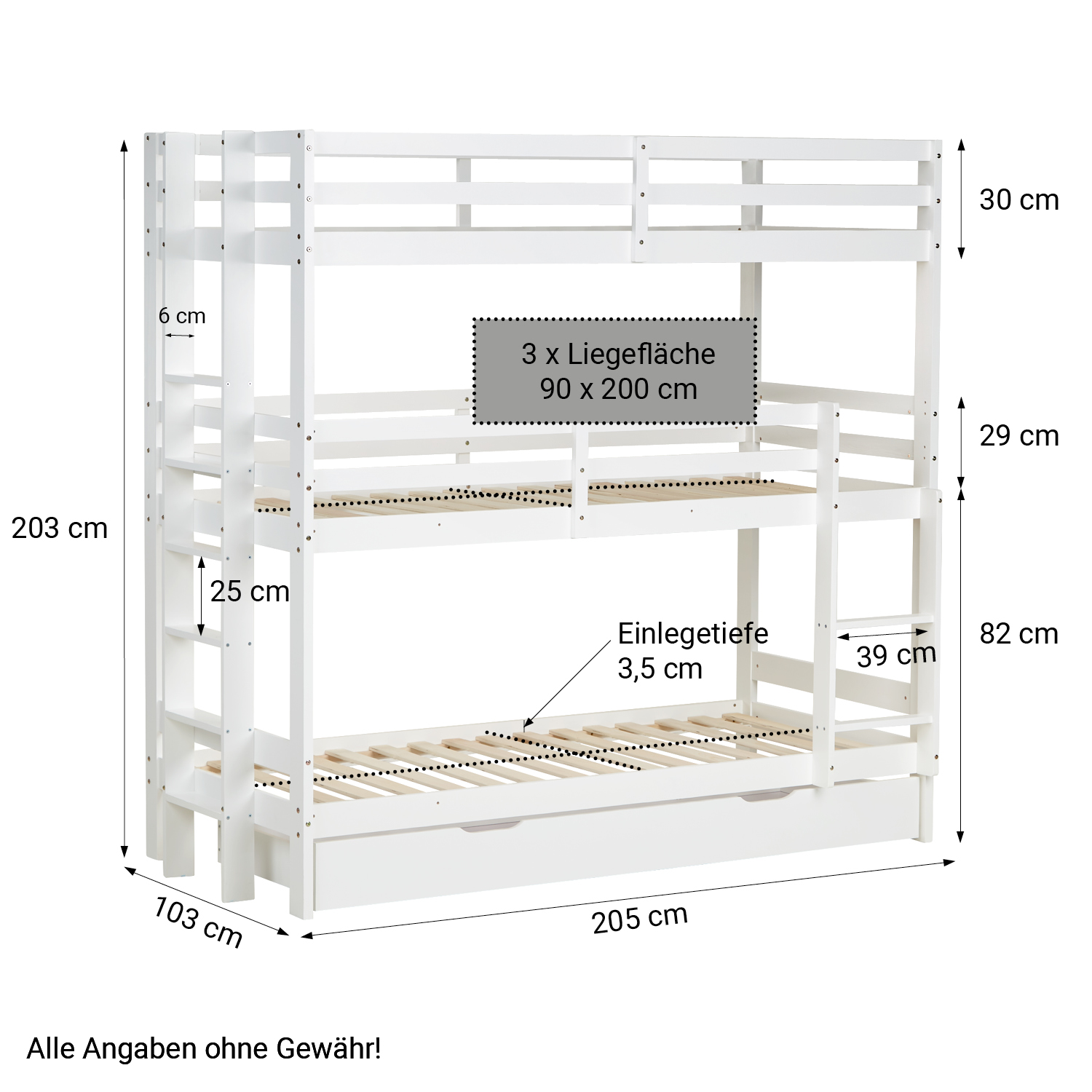 Triple Bunk Bed 90x200 with Mattresses Children´s Bed High Sleeper Cot White Wood Loft Bed Kids Bed