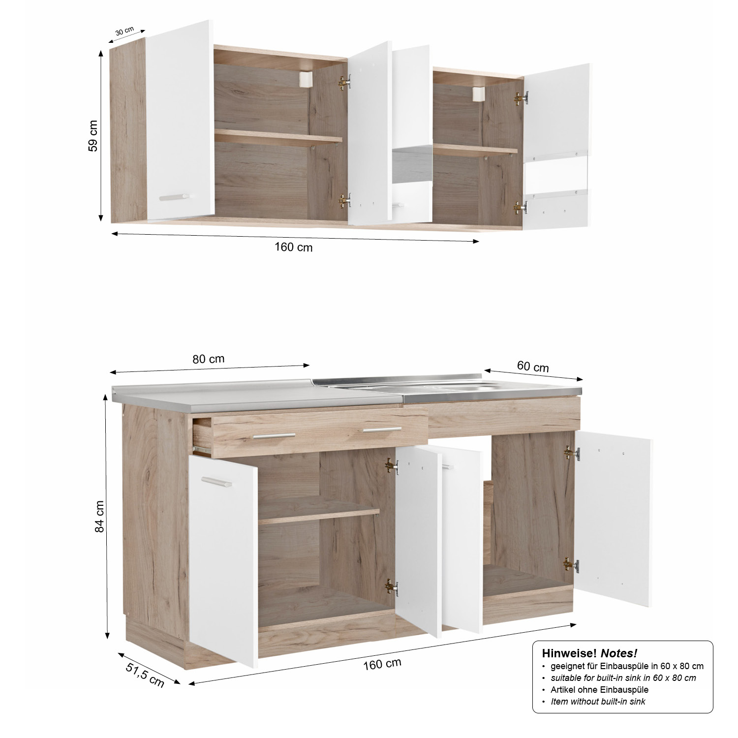 160 cm White Oak Kitchen Unit – modern compact kitchen with cabinetry, without appliances